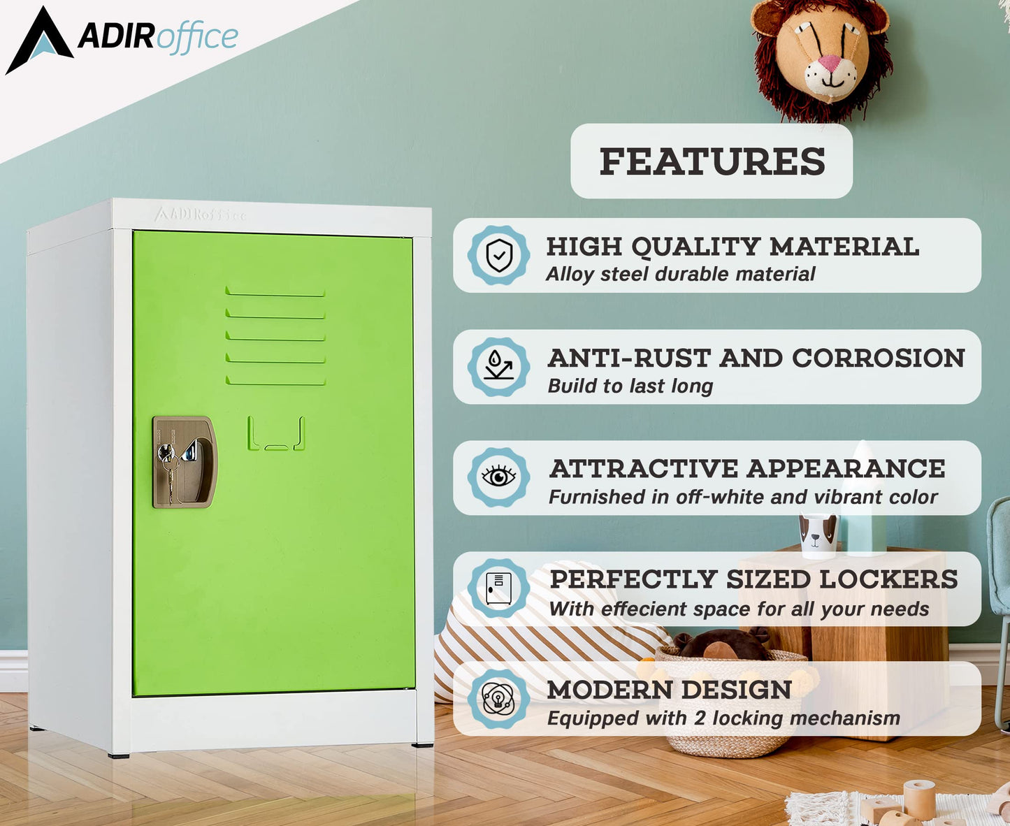 AdirOffice Kids Storage Locker Organizer - Metal Storage Cabinet with Key & Hanging Rods - Ideal for Toy Storage Box & School Lockable Storage Cabinet- (24 in 1 Door, Green)