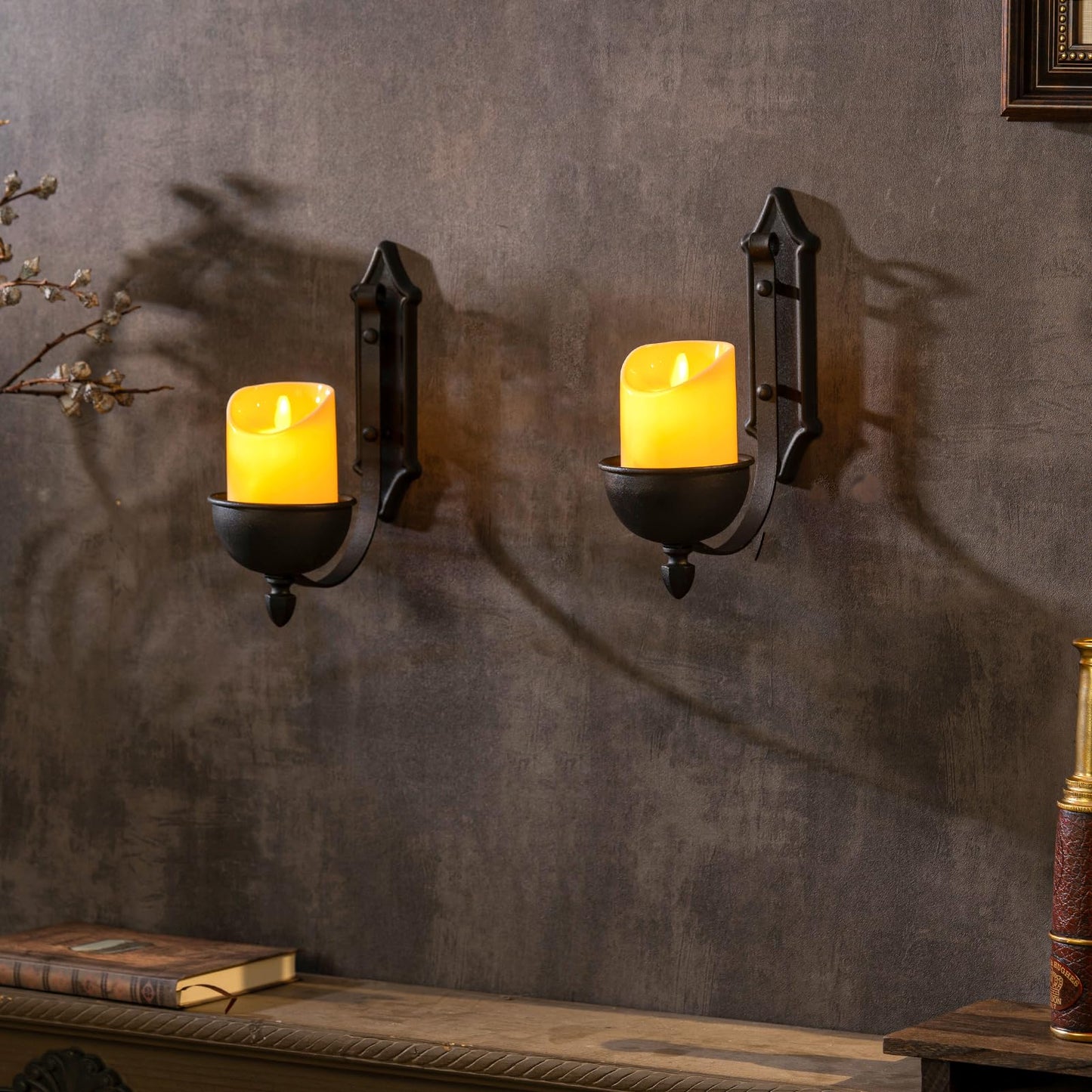 Aimto Wall Sconce Candle Holder Black Wall-Mount Metal Candle Holders Hanging Iron Wall Candle Sconce for Home,Living Room, Bathroom, Dining Room, Set of 2