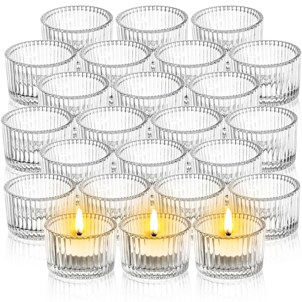 Elsjoy 24 Pack Glass Tealight Candle Holder, 2" x 1.4" Small Clear Glass Votive Candle Holders Mini Ribbed Tealight Holder for Wedding, Birthday, Festival, Table Centerpiece
