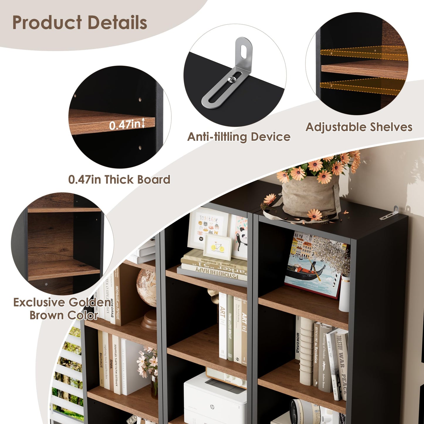 FOTOSOK 8-Tier Media Tower Rack, 11.6 X 9.3 X 71 Inches CD DVD Slim Storage Cabinet with Adjustable Shelves, Tall Narrow Bookcase Display Bookshelf for Home Office, Black/Brown
