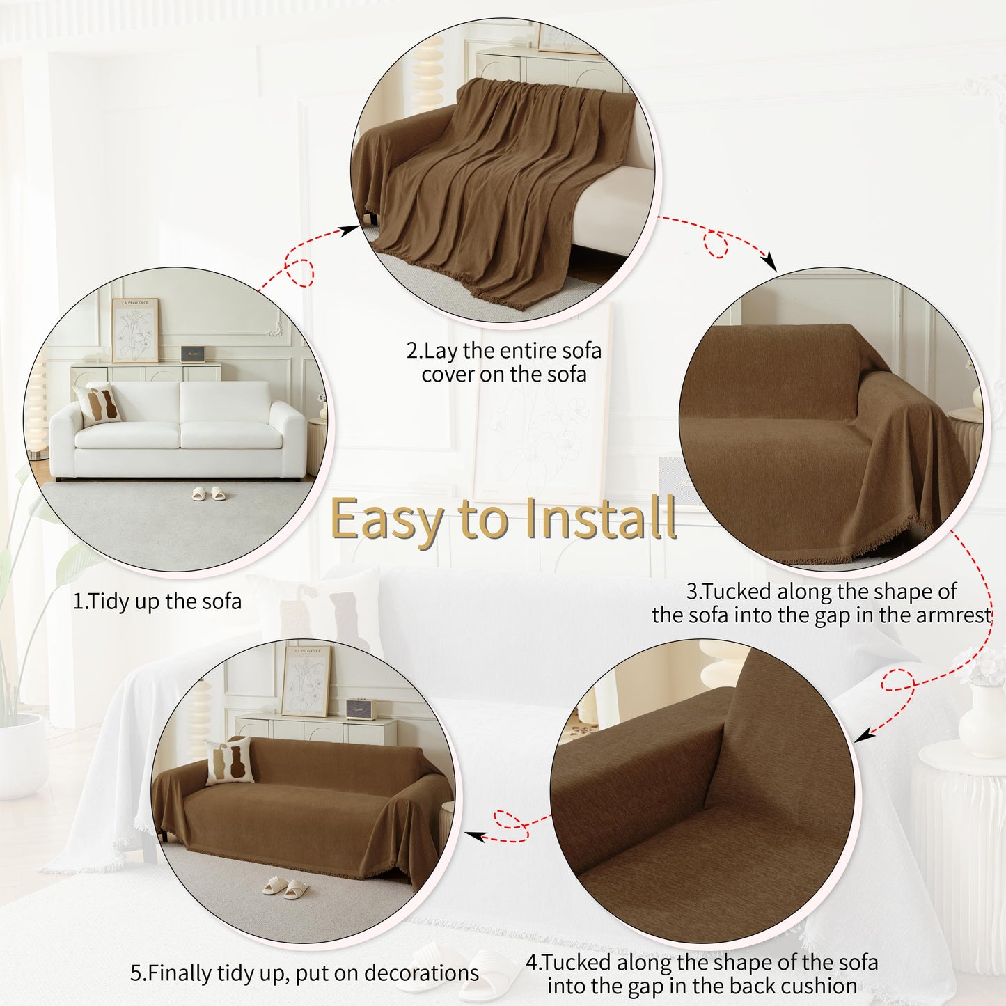 KaviKon Sectional Couch Covers 2-Piece for L Shape Sofa, Chenille Washable Sofa Cover for 2-3 Cushion Couch, Non-Slip Furniture Protector for Dogs,Pets, Soft Couch Blanket Slipcovers Sets (L-Brown)