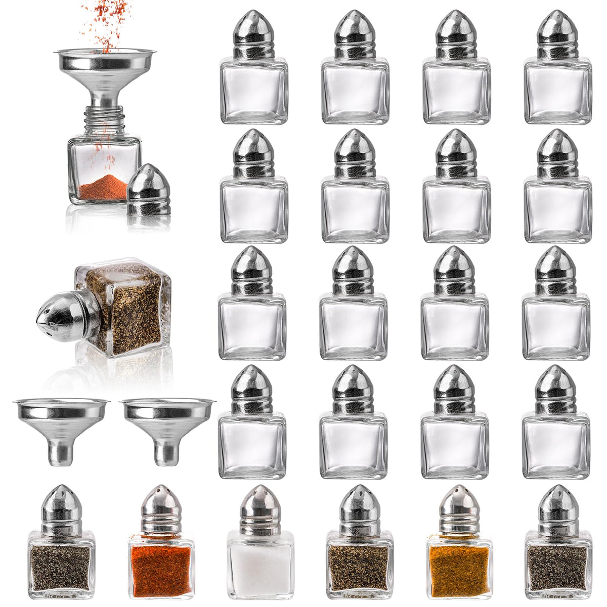 ZEAYEA Set of 24 Small Salt and Pepper Shakers, 0.5 oz Mini Glass Seasoning Jars with Funnel, Glass Cube Body Spice Pepper Pots for Wedding, Party, Restaurant, Home Kitchen Supplies