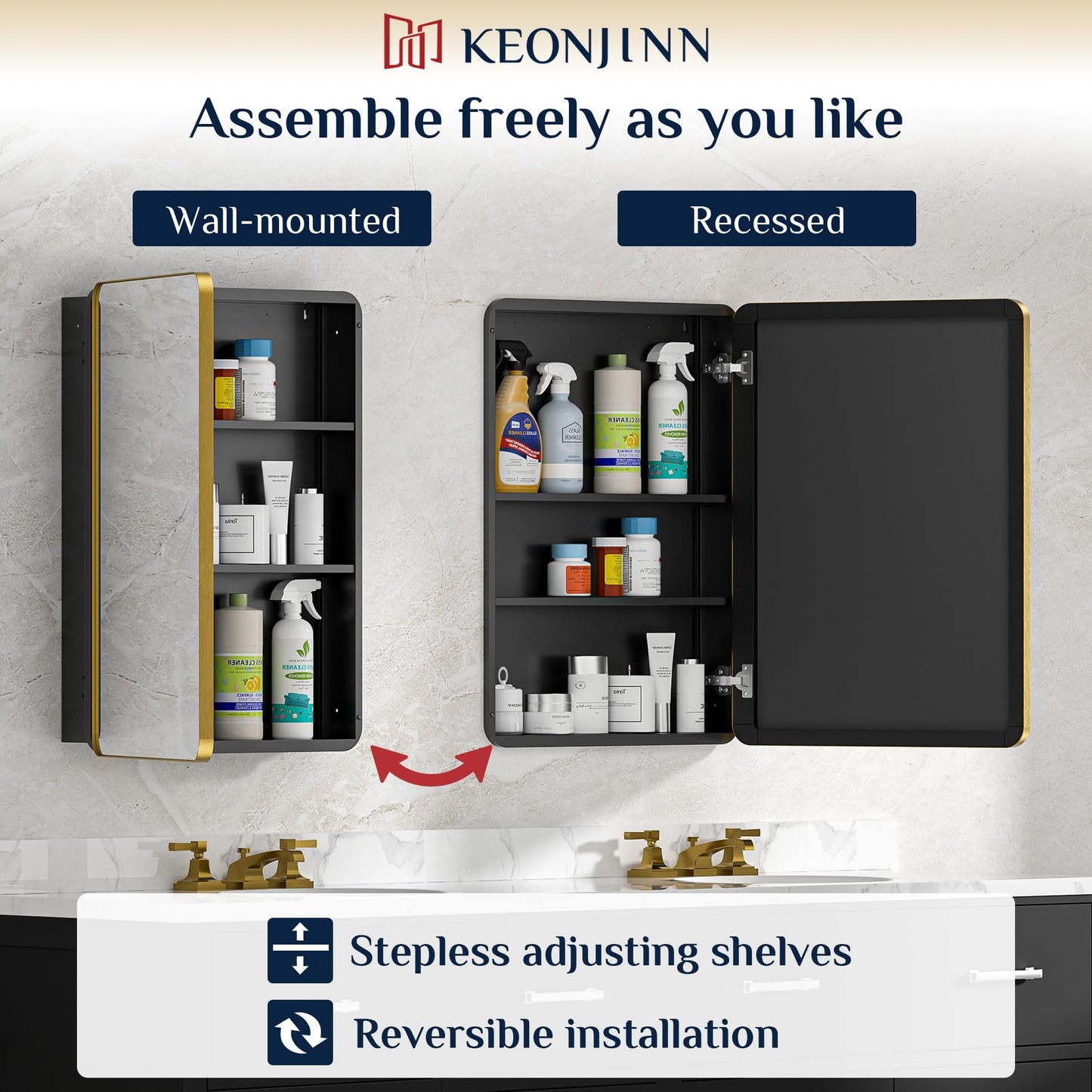 Keonjinn Gold Bathroom Medicine Cabinet with Mirror 16 x 24 Inch, Small Brushed Brass Medicine Cabinet, Stainless Steel Framed, Stepless Adjustable Shelves, DTC Hinges, Recessed or Surface Mount