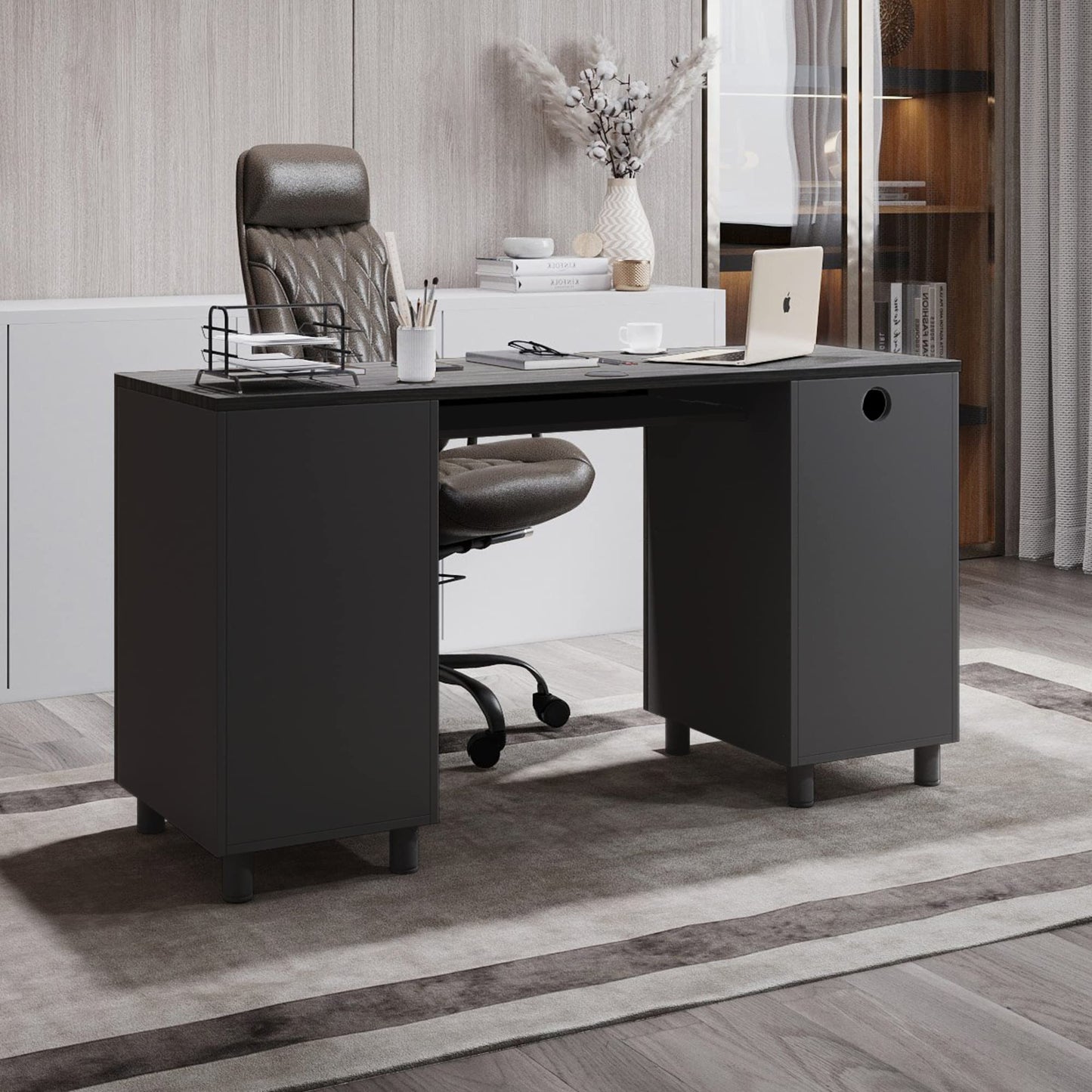 Modern Design Venice Computer Desk with Lockable Drawers, 53 Inch Home Office Desk with Storage Cabinet, Keyboard Tray & Cable Management, Modern Study Writing Desk for Small Spaces, Black and Grey