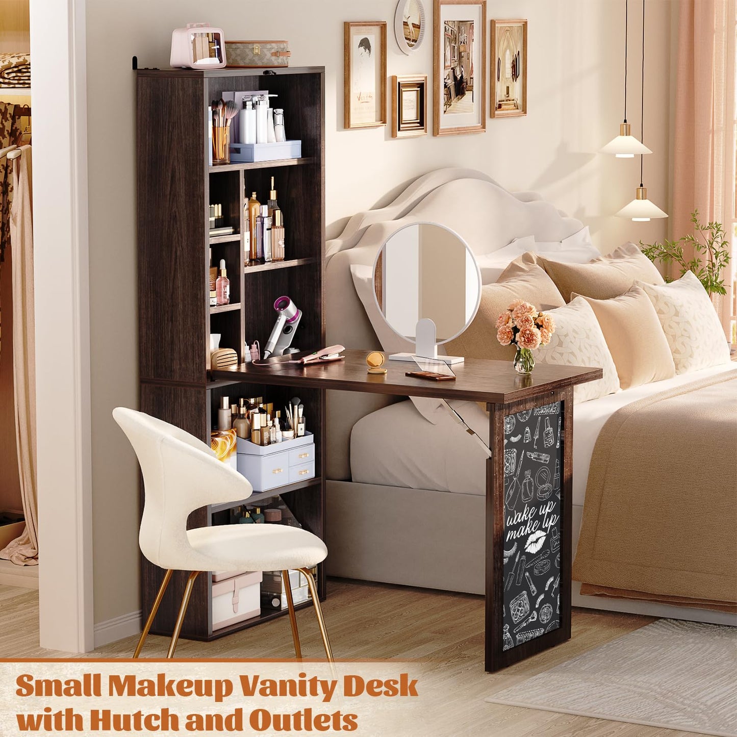 Armocity Small Folding Desk with Outlets, Convertible Writing Desk for Small Spaces/Home Office/Craft Room, Multi-Function Desk Workstation with Blackboard, Fold-Out Cabinet Table, Black Walnut