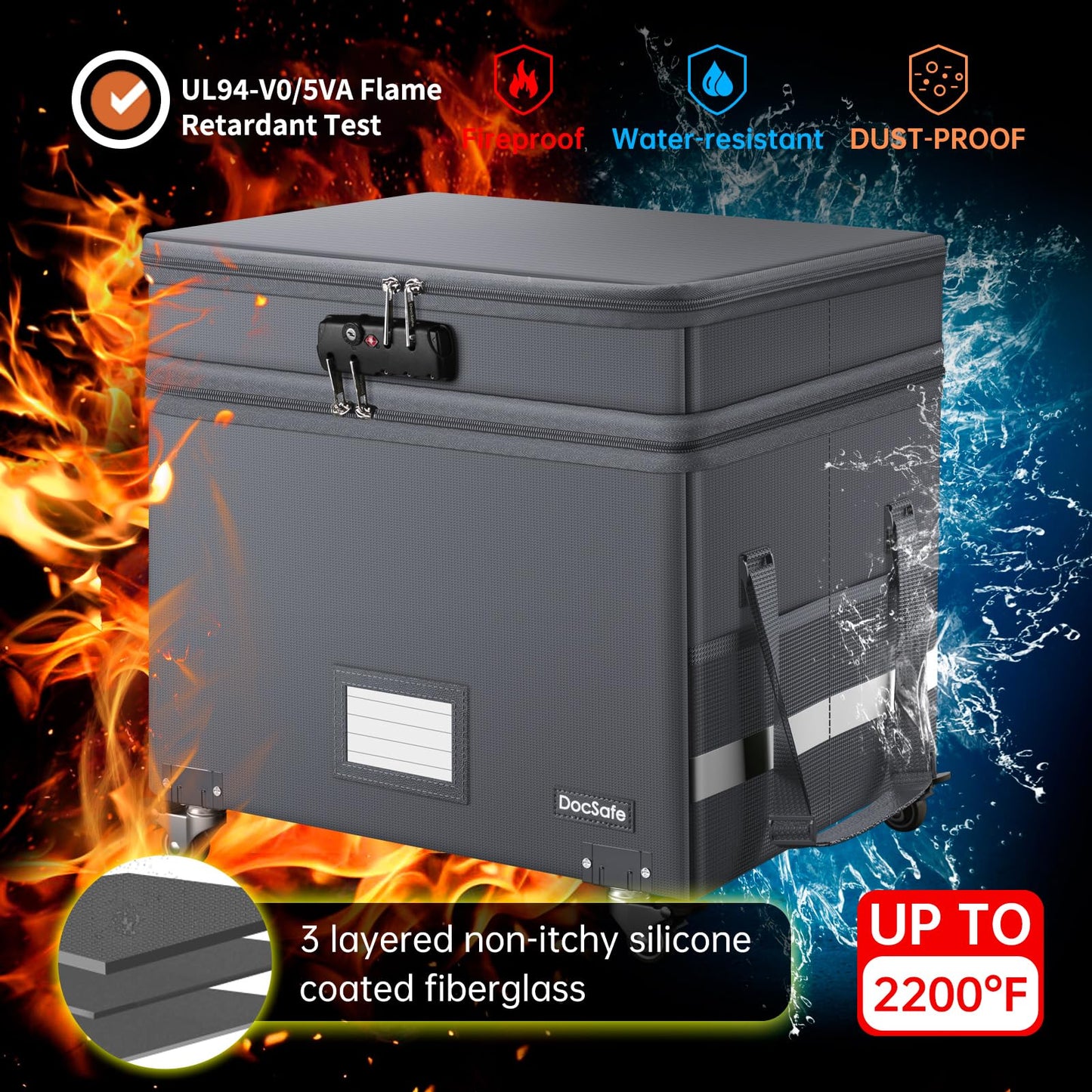 DocSafe Fireproof Document Box with Lock,2-Layer File Box with Wheels,Collapsible File Storage Organizer with Pockets,Large Portable Office Filing Cabinet for Hanging Folders,Gray,16''x13.8''x12.2''