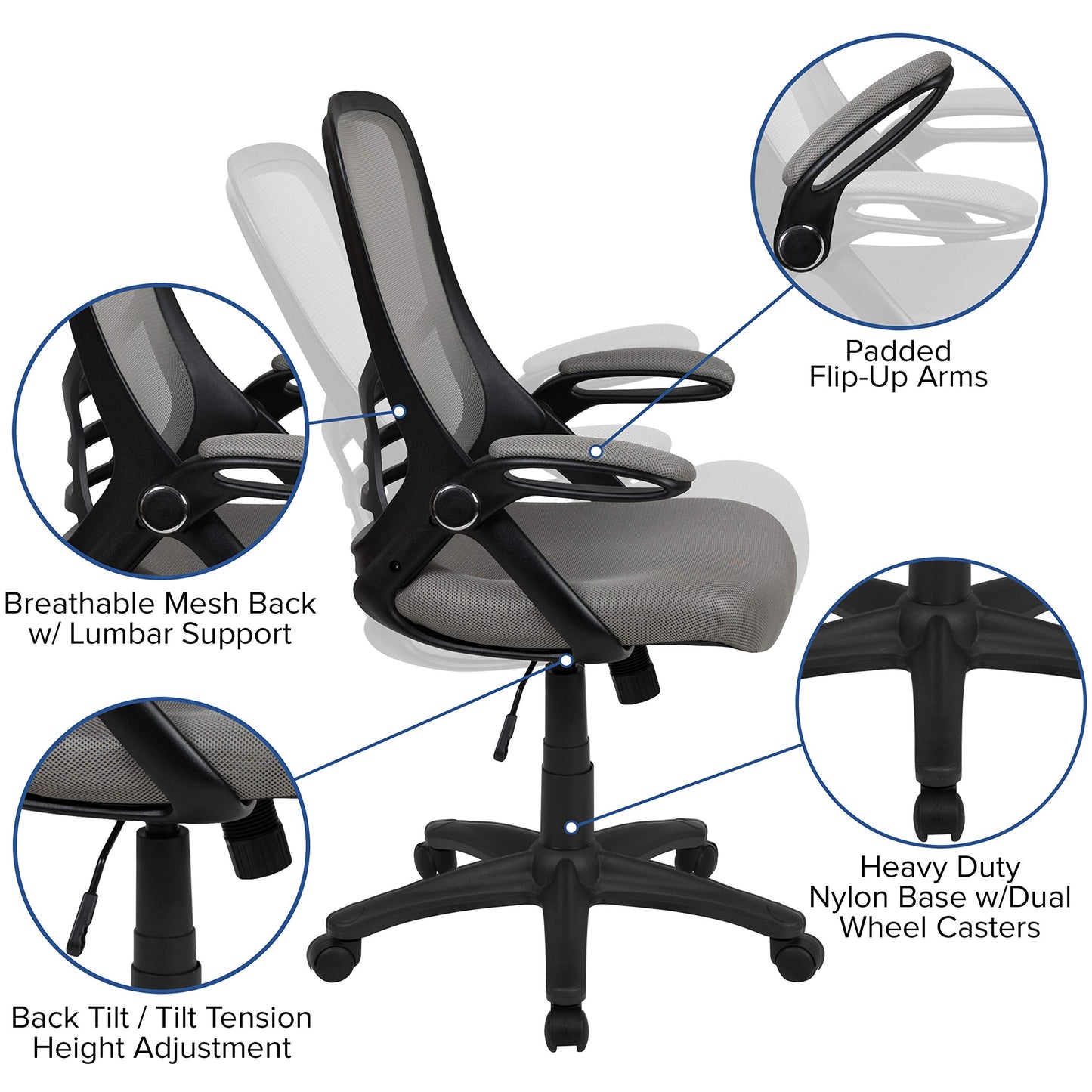 Flash Furniture Porter High-Back Swivel Office Chair with Adjustable Lumbar Support and Seat Height, Ergonomic Mesh Desk Chair with Flip-Up Armrests, Gray/Black