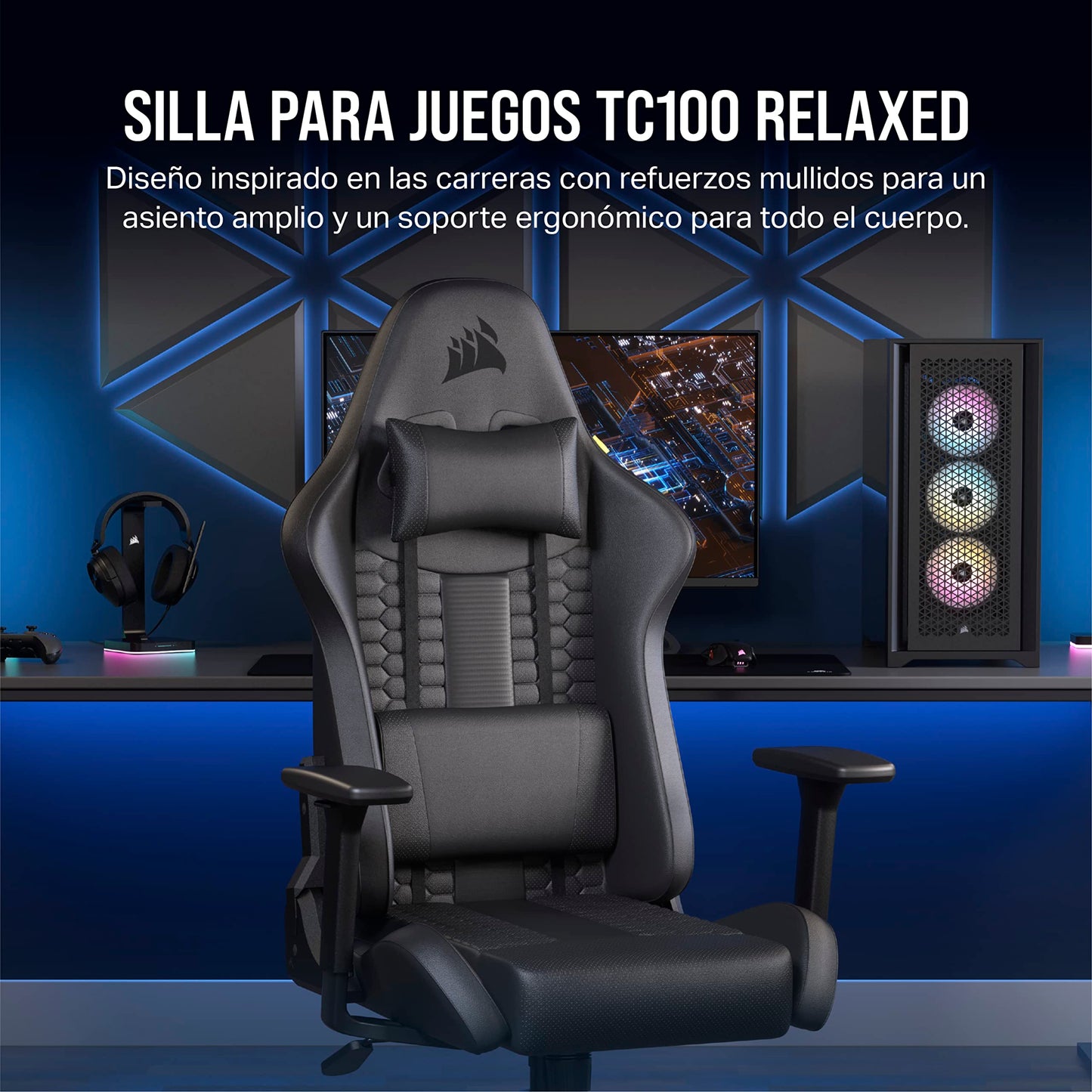 Corsair TC100 Relaxed Gaming Chair - Leatherette - Racing-Inspired Design - Lumbar Pillow - Detachable Memory Foam Neck Pillow - Adjustable Seat Height - Adjustable Armrests - Black