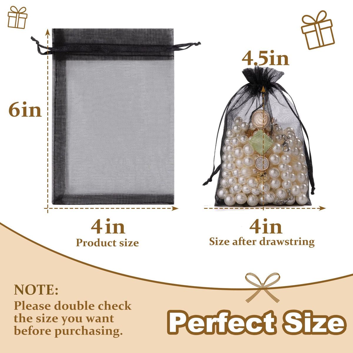 Crweety 50 Pcs Black Organza Bags 4x6 Inch, Small Mesh Gift Bags Drawstring for Jewelry Bracelet Packaging, Premium Sheer Gift Pouch for Wedding Party Favor, Candy Goodie Bag & Graduation Gifts