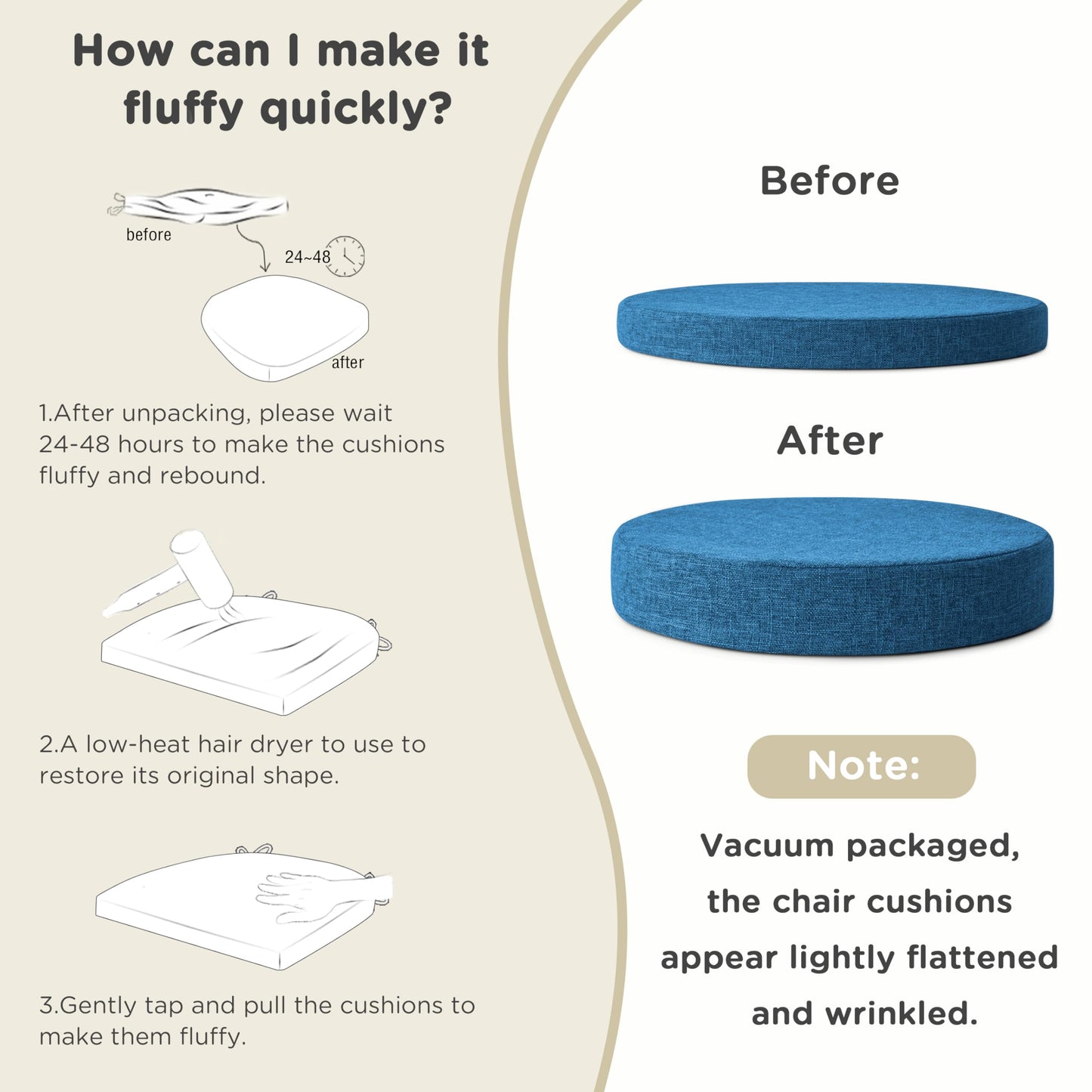 AddGrace 2.5" Thick Non Slip Round Chair Pad Set of 2, 16" Round Chair Cushion with Machine-Washable Cover and Long Zipper, Seat Cushions for Kitchen, Office, Floor and 16" Ottoman, Blue
