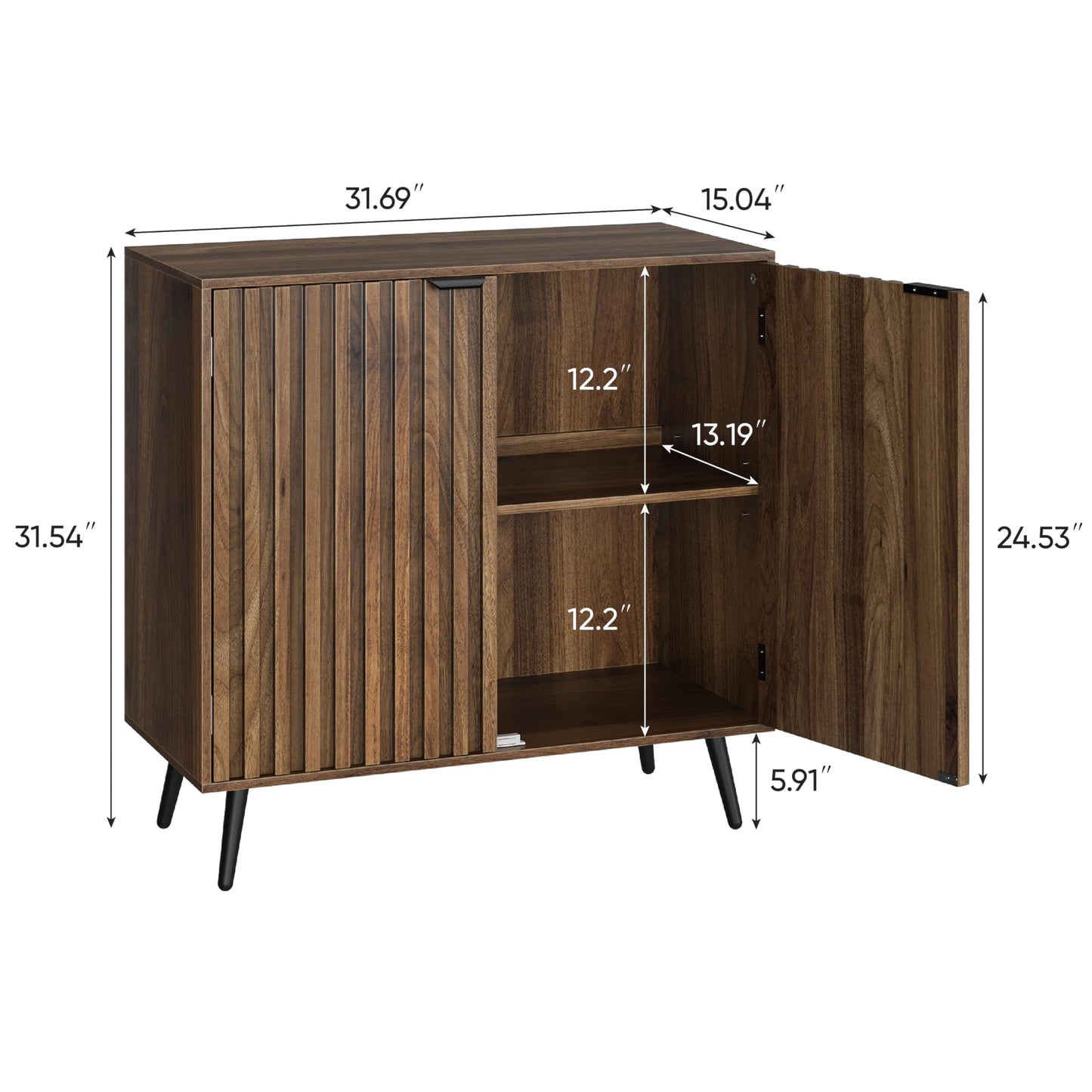 Smuxee Fluted Sideboard Cabinet, Freestanding Walnut Buffet Cabinet with Adjustable Shelf, Wood Storage Cabinet for Living Room, Entryway, Hallway