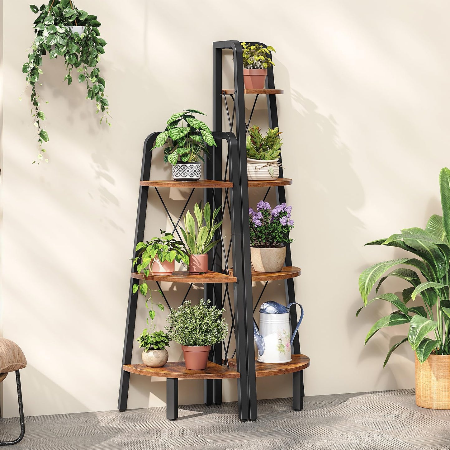 HOOBRO Corner Shelf, 3-Tier Corner Shelf Stand, 40” Tall Ladder Bookshelf, Industrial Corner Display Shelf Plant Stand for Living Room, Kitchen, Home Office, Rustic Brown BF143CJ01