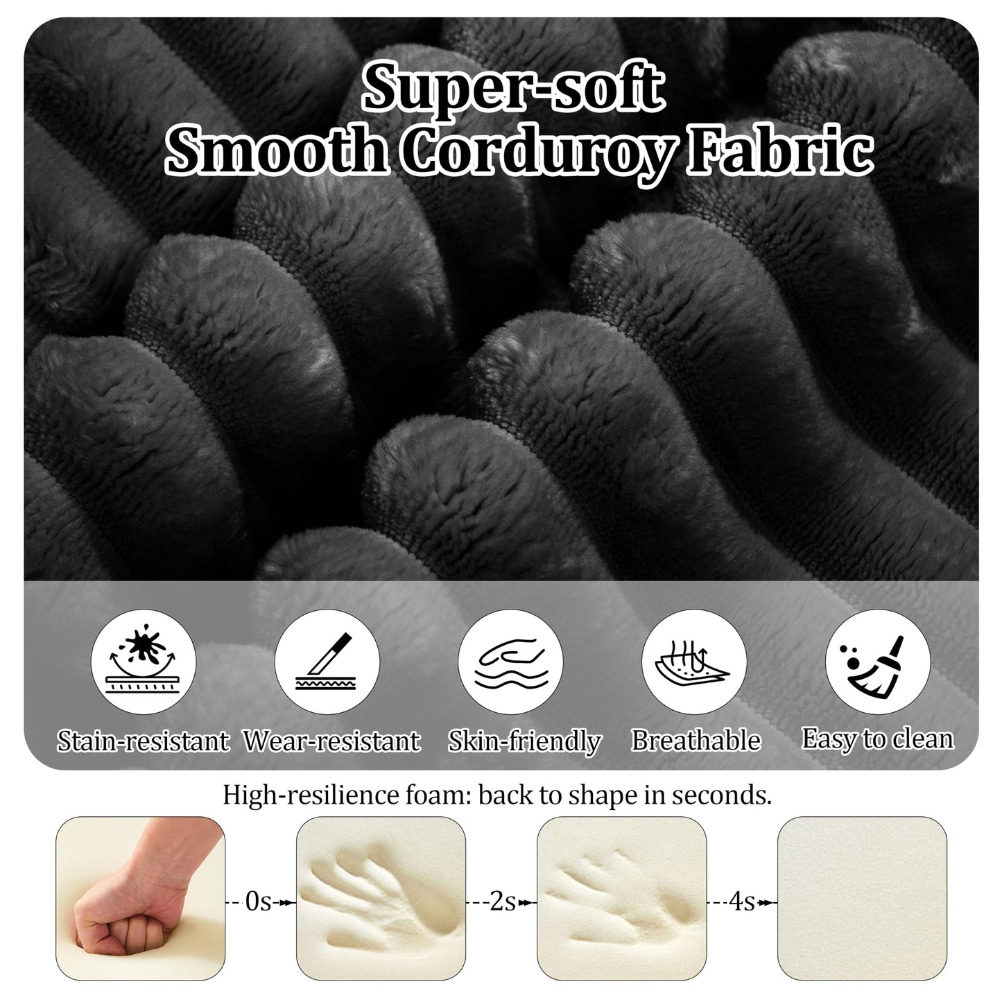 75'' L-Shaped Cloud Modular Sectional Couch with Chaise, Modern Corduroy Memory Foam Sofa Bed, Upholstered Boneless Deep Seat Fluffy Sleeper Sofa, for Living Room, No Assembly Needed (Black)