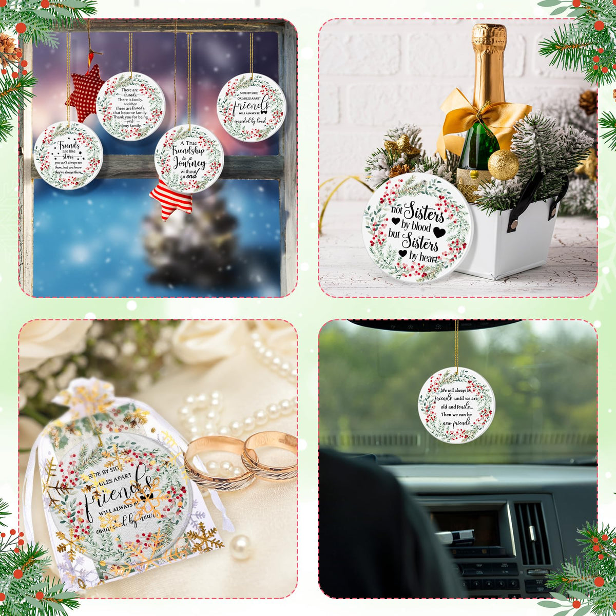 Suzile 16 Pcs Friendship Christmas Ornaments Ceramic Round Friends Ornaments Long Distance Sister Christmas Ornament Gift with Greeting Cards Organza Gift Bag for Christmas Tree (Berry)