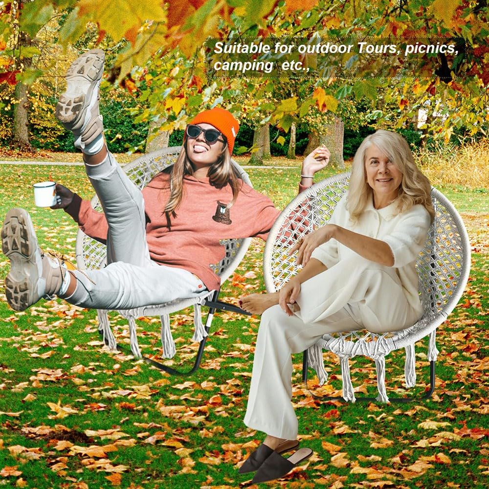 HI SUYI Folding Macrame Saucer Moon Chair Rope Cozy Lounger Chair Oversized for Bedroom Indoor Outdoor Home Patio Porch Deck Yard Garden