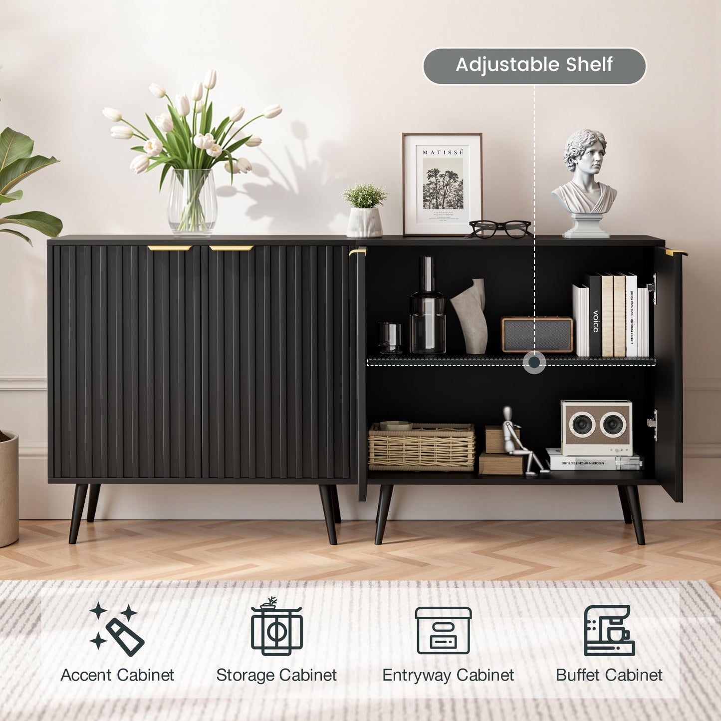 Vrullu Fluted Storage Cabinet, Black Sideboard and Buffet Storage with Adjustable Shelf, Wood Accent Cabinet for Living Room, Hallway, Entryway, Dining Room (1, Black+Gold)