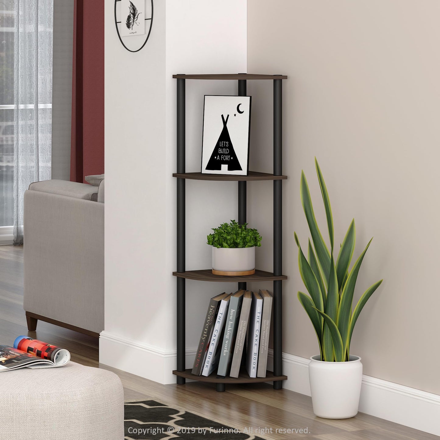 Furinno Turn-N-Tube Toolless Assembly 4-Tier Corner Shelf, Rustic Brown Corner Book Shelf, Open Shelves Bookshelf, for Organization and Storage, Living Room, Home Office, Bedroom, Brown Walnut