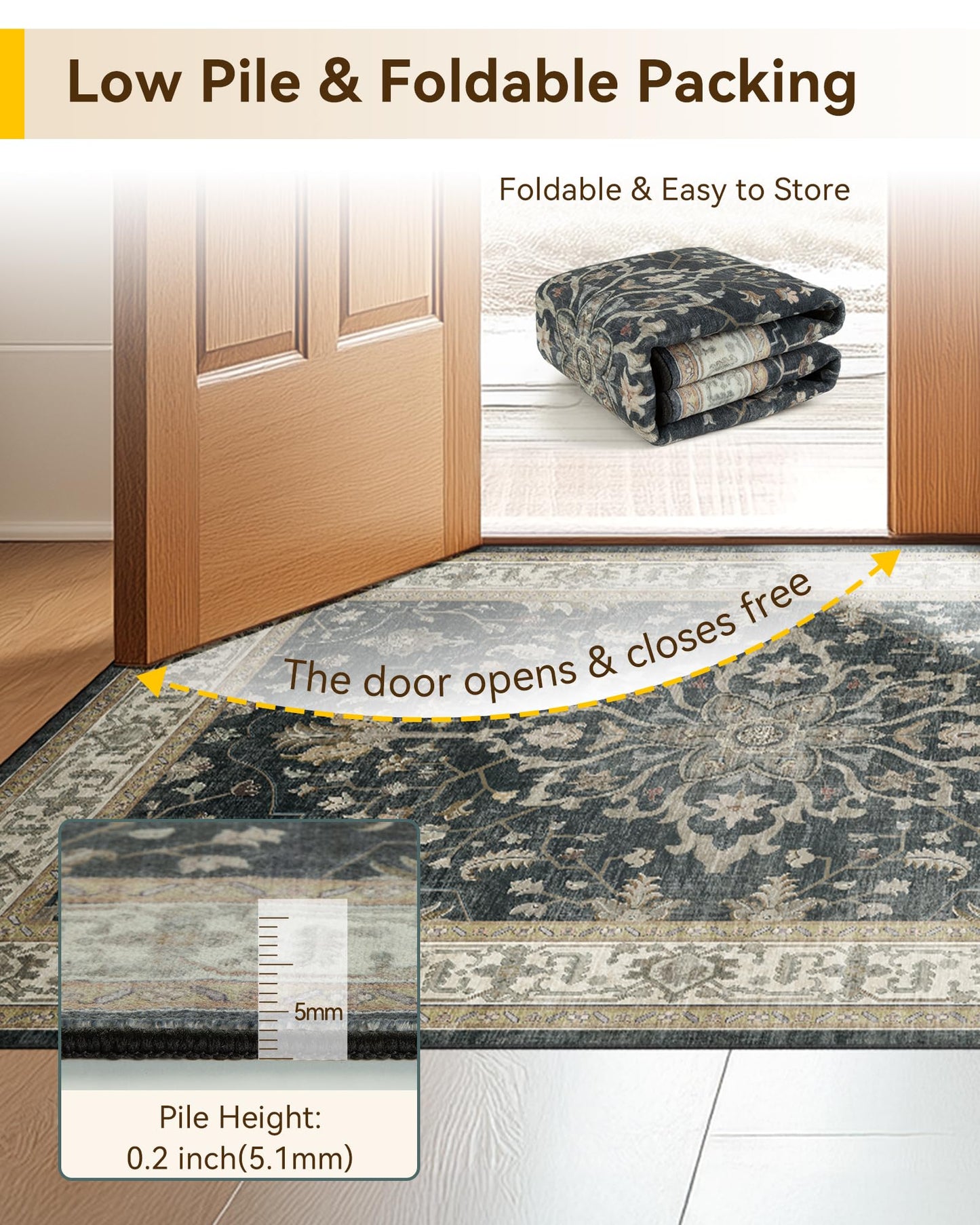 RELEANY Area Rugs 8'x10' Washable Non-Slip, Floral Vintage Distress Medallion Carpet for Living Room Bedroom Dining Room, Vintage Black Brown Neutral