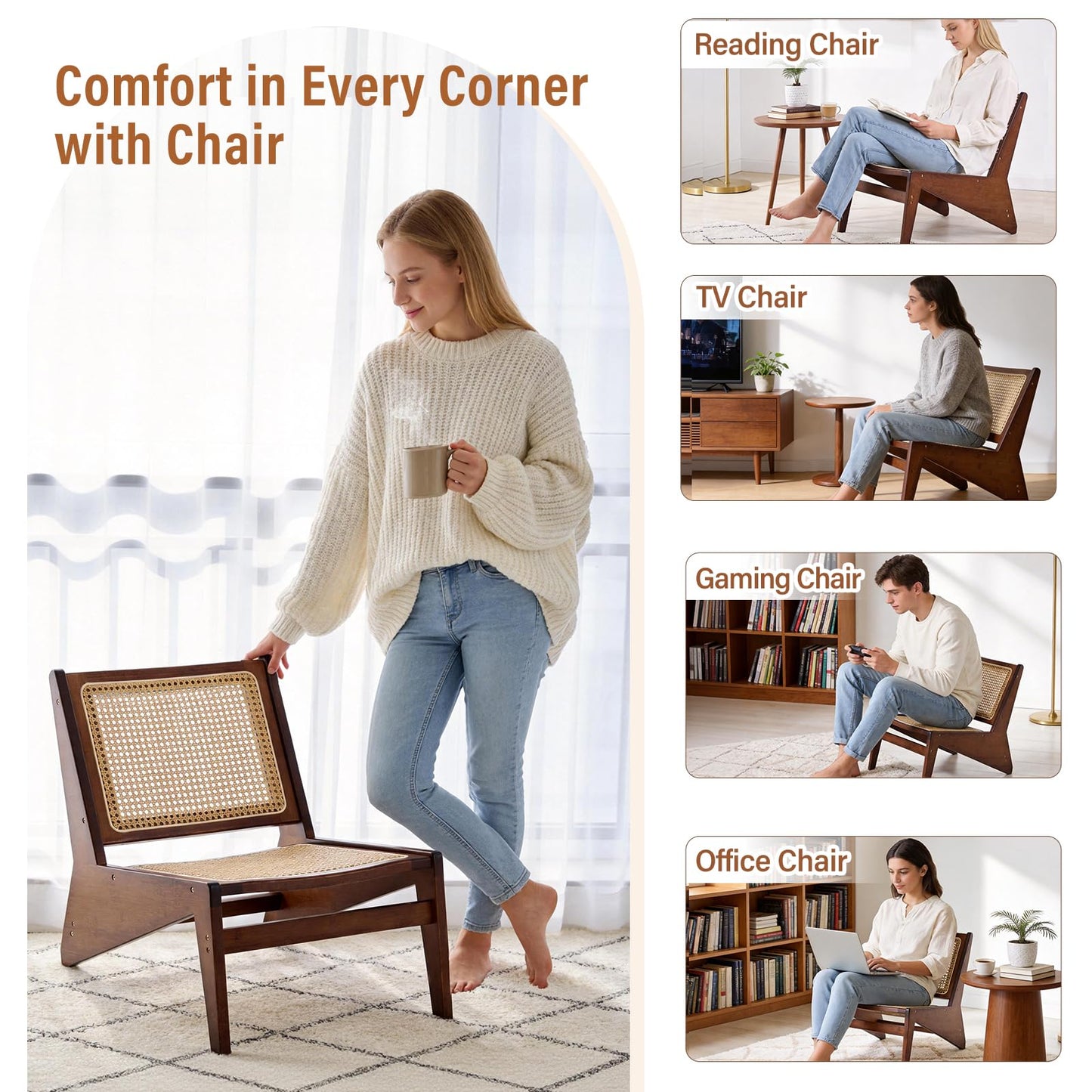 MBOOYOME Mid Century Modern Accent Chair for Living Room, Low Lounge Chair with Solid Wood Frame, Comfy Armchair for Bedroom and Balcony, Walnut