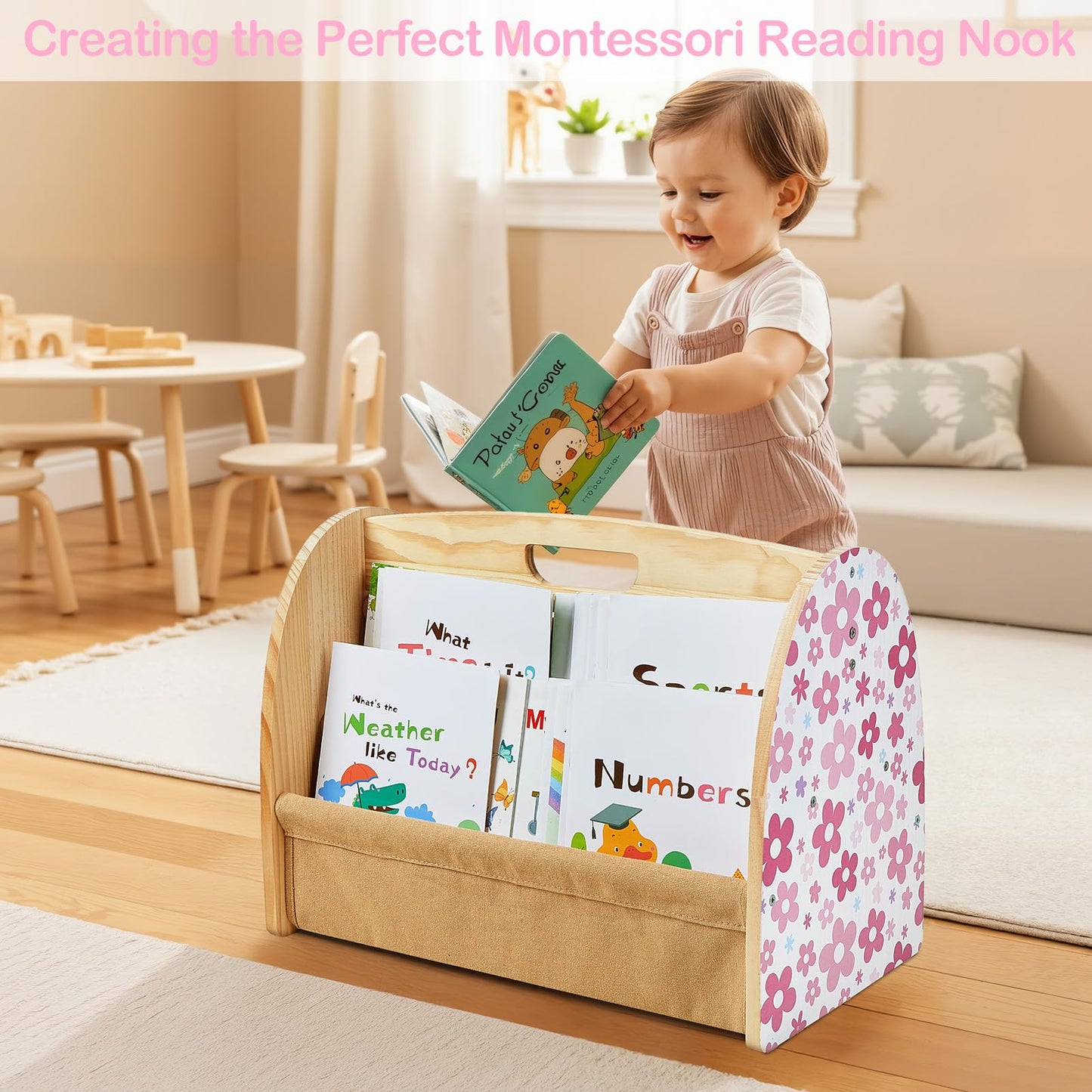 SheSeek Toddler Bookshelf Double-Sided with 4 Tier Deep Sleeves Kids Wooden Montessori Book Rack for Baby Nursery Room, Playroom, Classroom or Bedroom Bookcase Storage Organizer, Pink Flowers