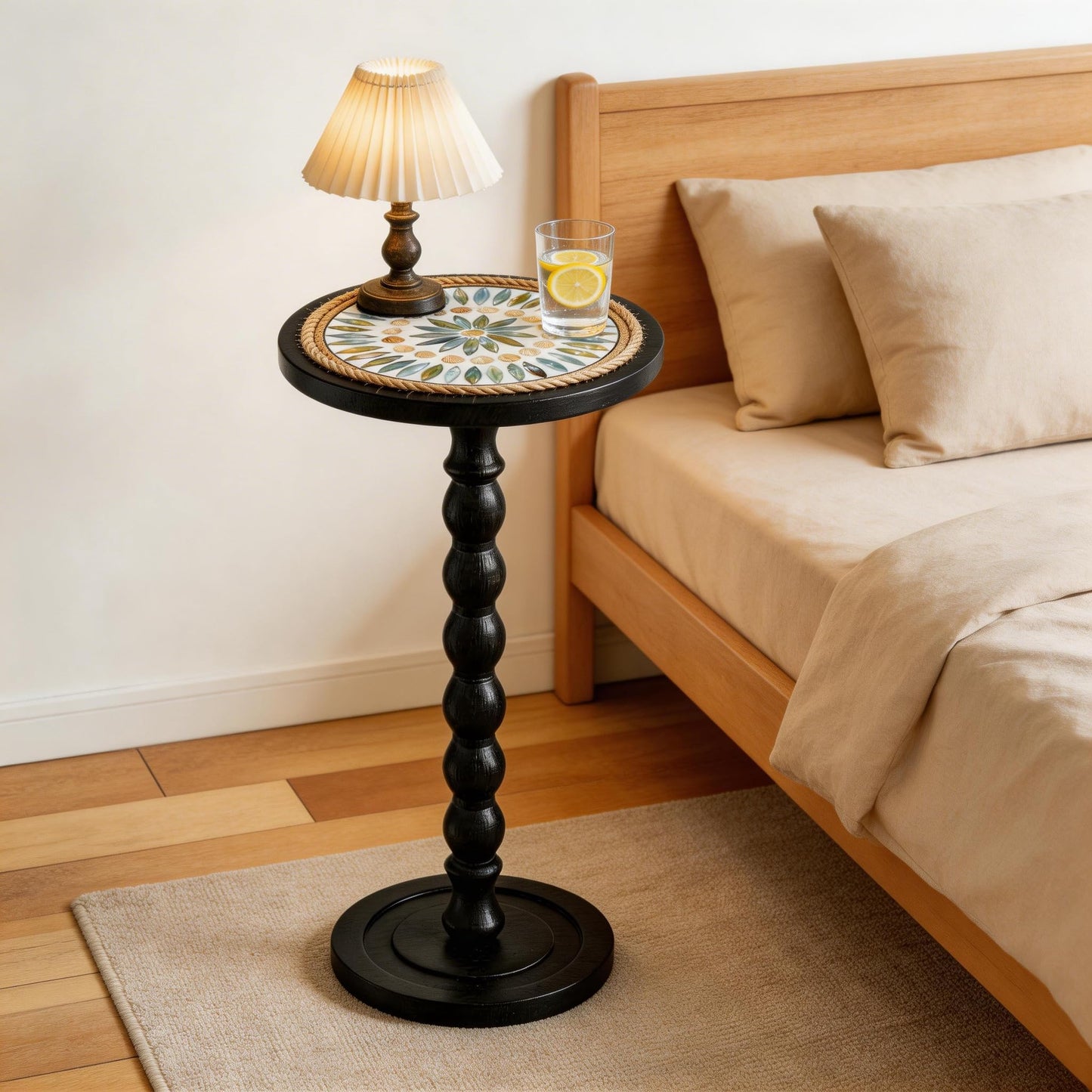 WALNDUX Round Side Table, Small Drink Table for Small Spaces, Rustic Accent Nightstand with Solid Wood Leg for Living Room, Bedroom, Corners, and Office, Handcrafted Finish (Black)