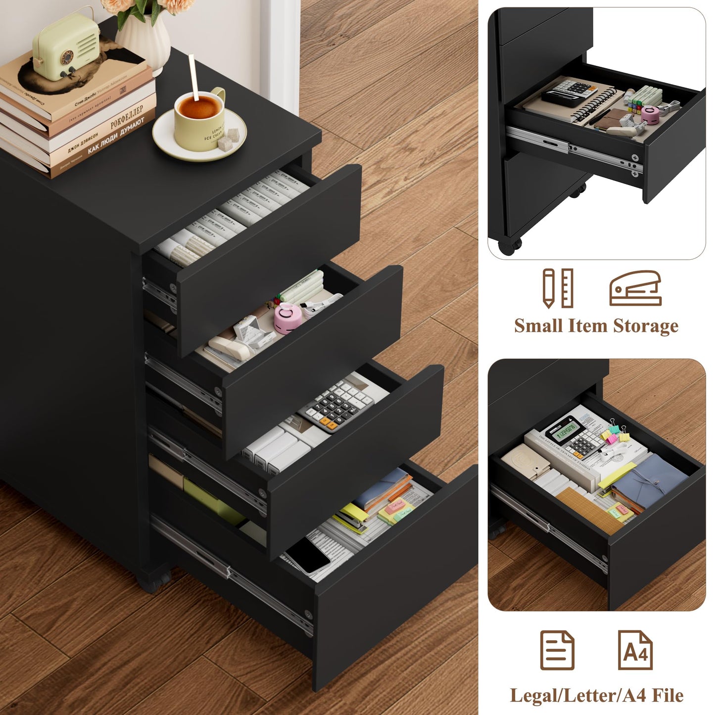 BOTLOG 4-Drawers Chest, Mobile Under Desk Drawer with Locking Casters, Wooden Printer Stand with Wheels, Rolling Craft Storage Cabinet for Home Office, Black