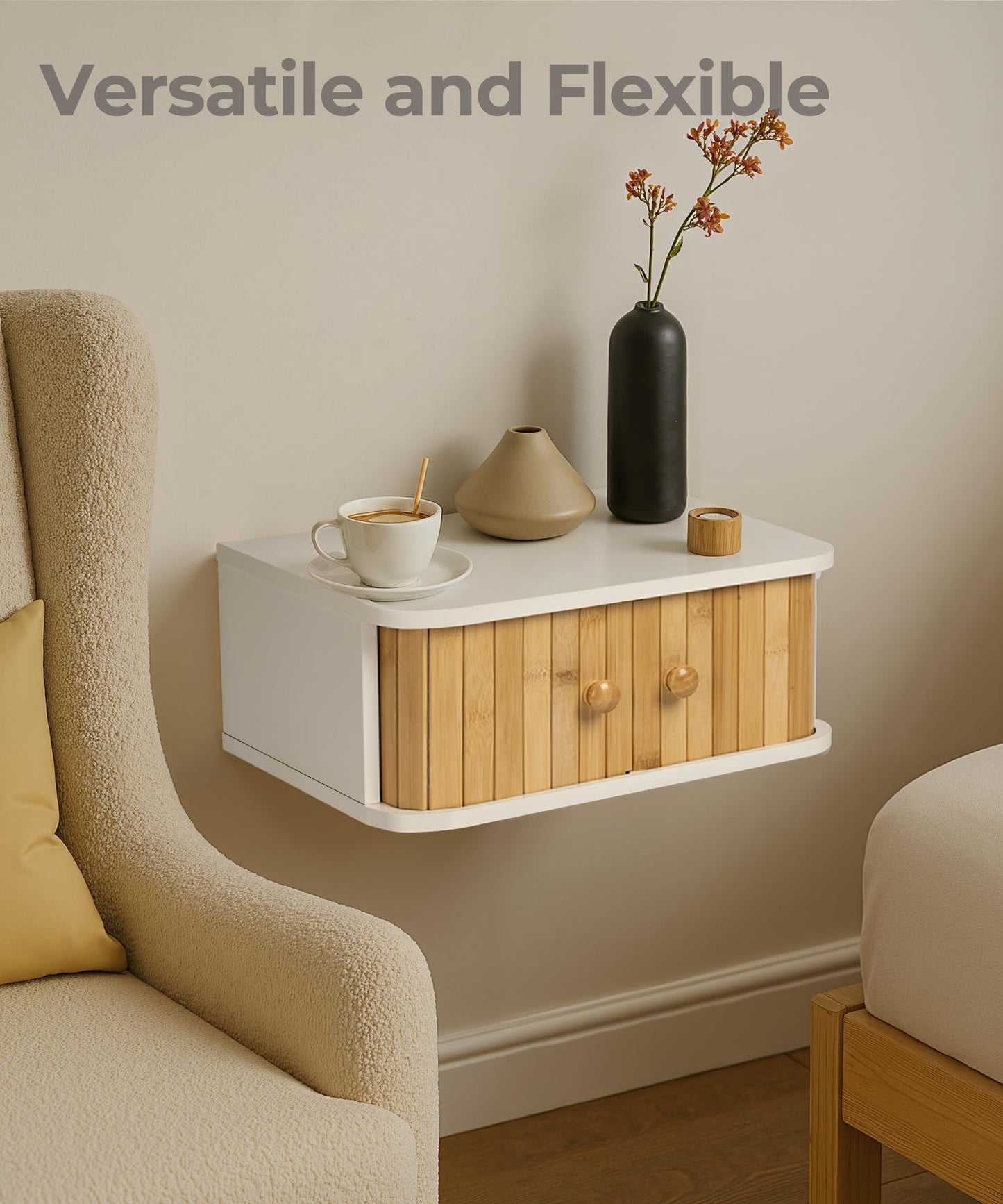 SUMGAR Floating Nightstand Set of 2 White Night Stand Boho Bedside Table Organiser Small Spaces Wall Mounted Shelf Storage with Drawers Wood Bamboo Natural Hanging Furniture for Bedroom Home Decor