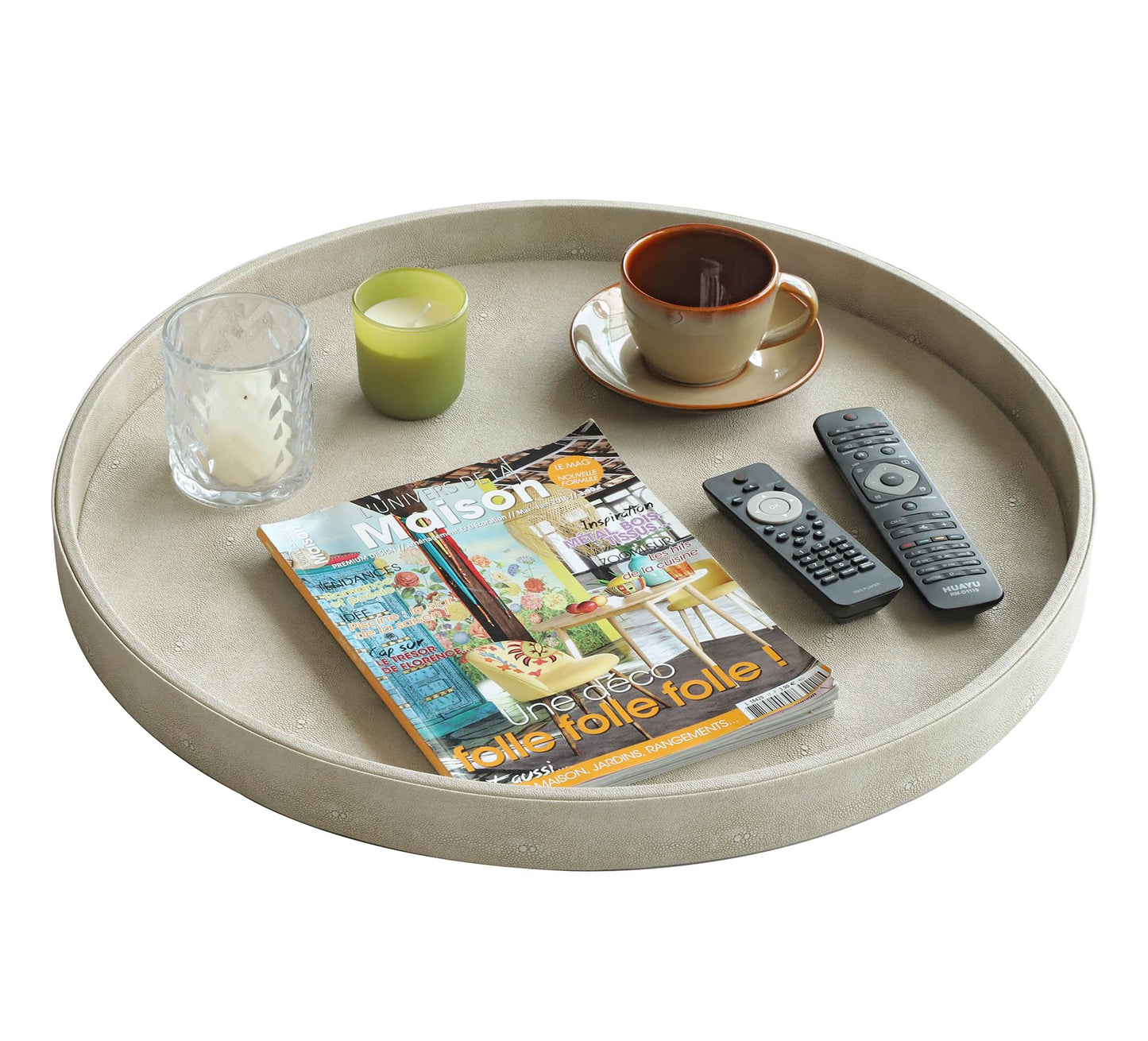 HofferRuffer Large Round Serving Tray 24'', Elegant Faux Leather Circle Ottoman Table Tray, Serve Tea Coffee Breakfast in Bedroom Living Room Kitchen (Cream White)