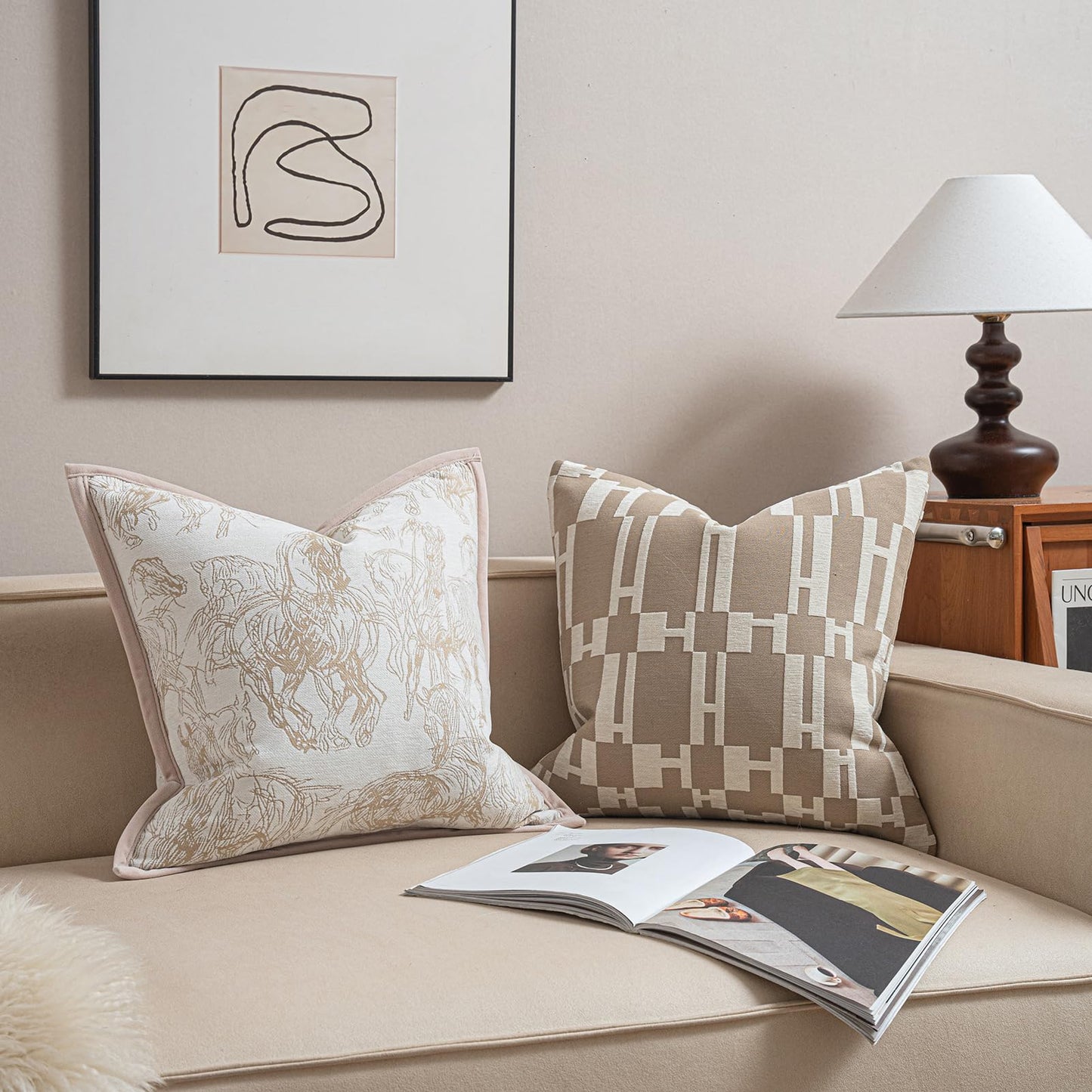 Croker Horse New 20x20'' inches Throw Pillow Cushion Covers - Beige H Letter Chenille Jacquard Embroidery Luxury Modern Style Couch Sofa Bed Pillow Cover for Living Room Bedroom
