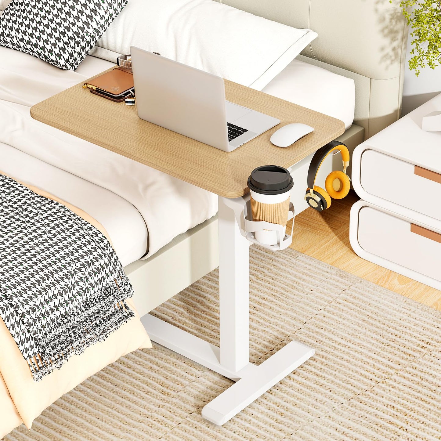 Tangkula Mobile Standing Desk, Pneumatic Height Adjustable Rolling Desk with Cup Holder & Headphone Hook, Overbed Table with Hidden Wheels, Laptop Computer Cart for Couch, Home, Office (Natural)
