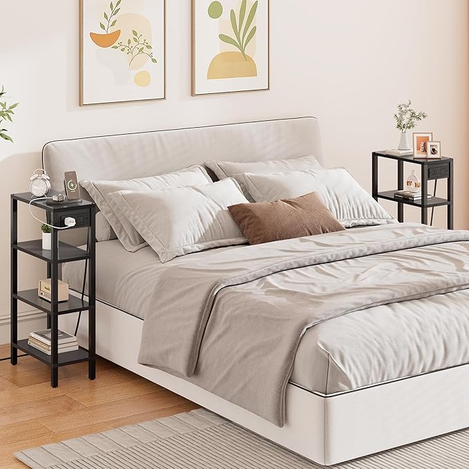 TUTOTAK Narrow Side Table with Charging Station, Small End Table with USB Ports