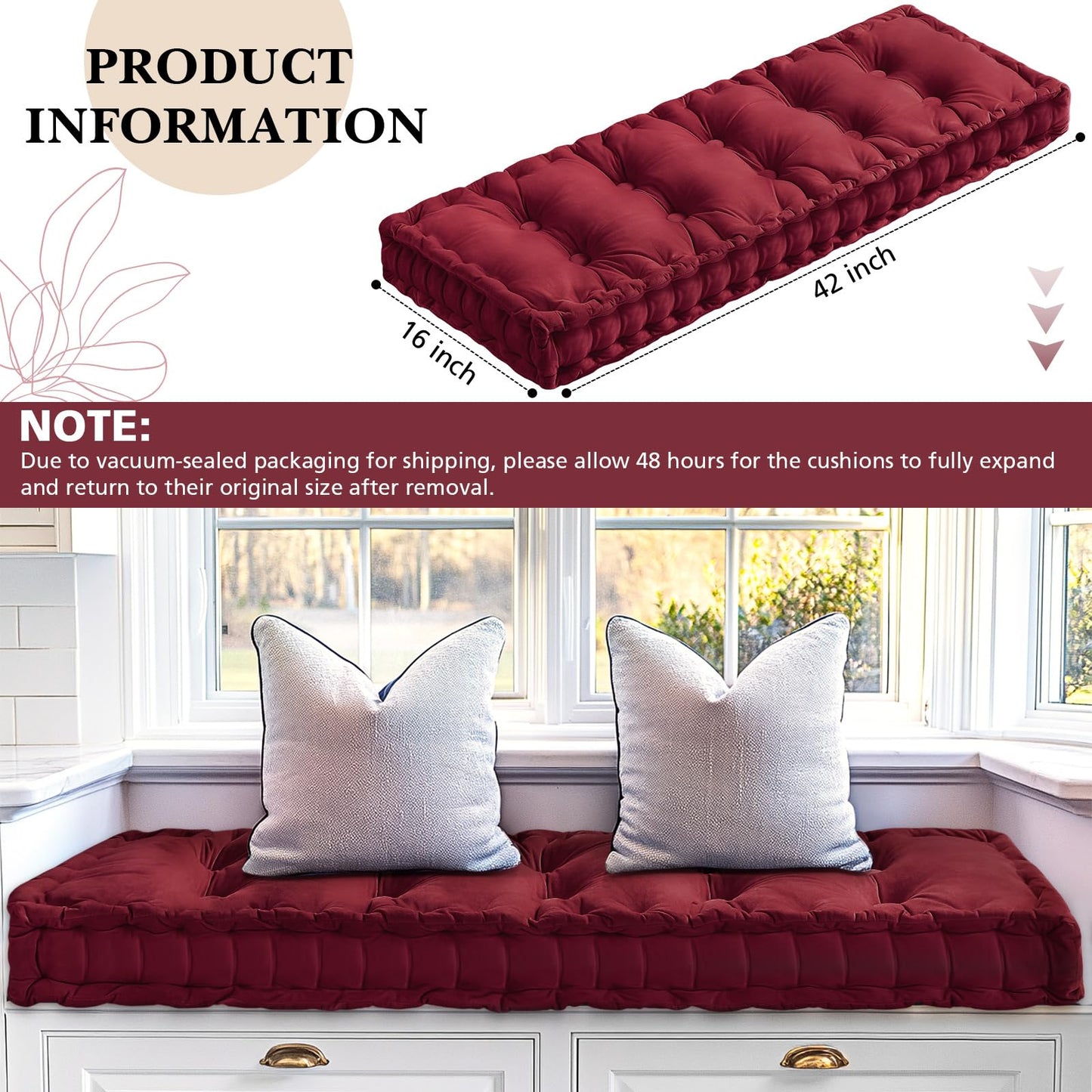Threehoney Bench Cushions for Indoor Furniture 42x16 in Velvet Kitchen Dining Piano Window Seat Cushion, Tufted Patio Porch Swing Thicken Bench Pad Memory Foam for Christmas Decor(Dark Red)