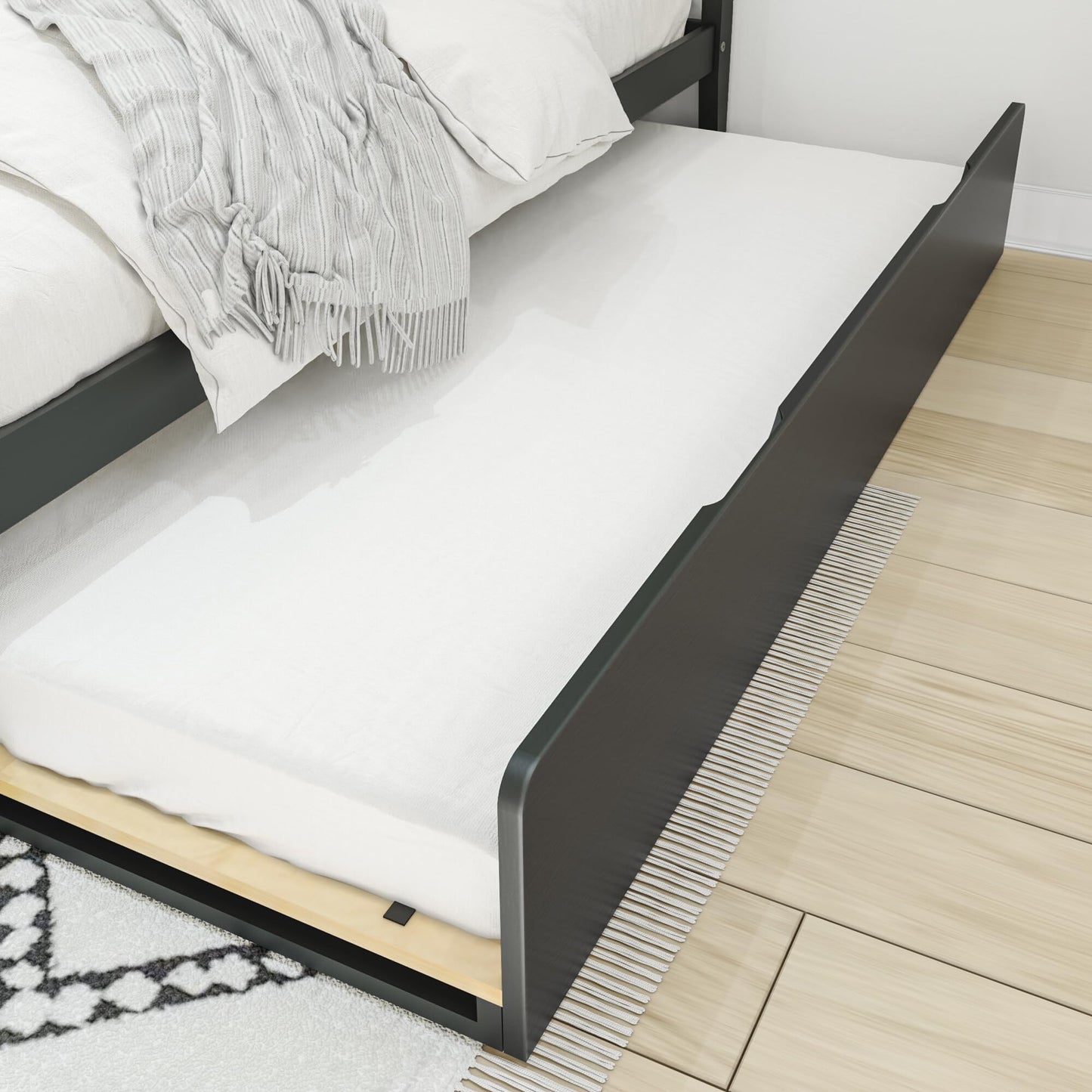 Max & Lily Scandinavian Panel Bed (Full), Slatted Headboard, with Trundle, Black