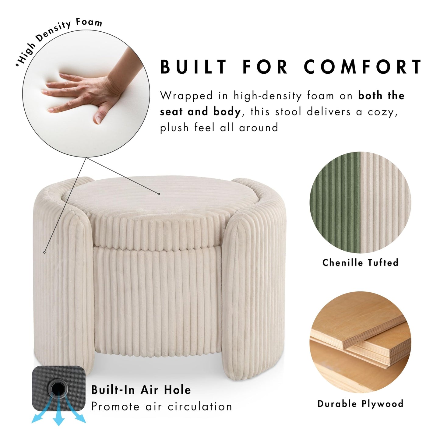 Furniture of America Lennox Modern Chenille 25-inch Round Storage Ottoman with Reversible Flip Top, Upholstered Footstool for Living Room, Bedroom, Entryway, Beige Pink