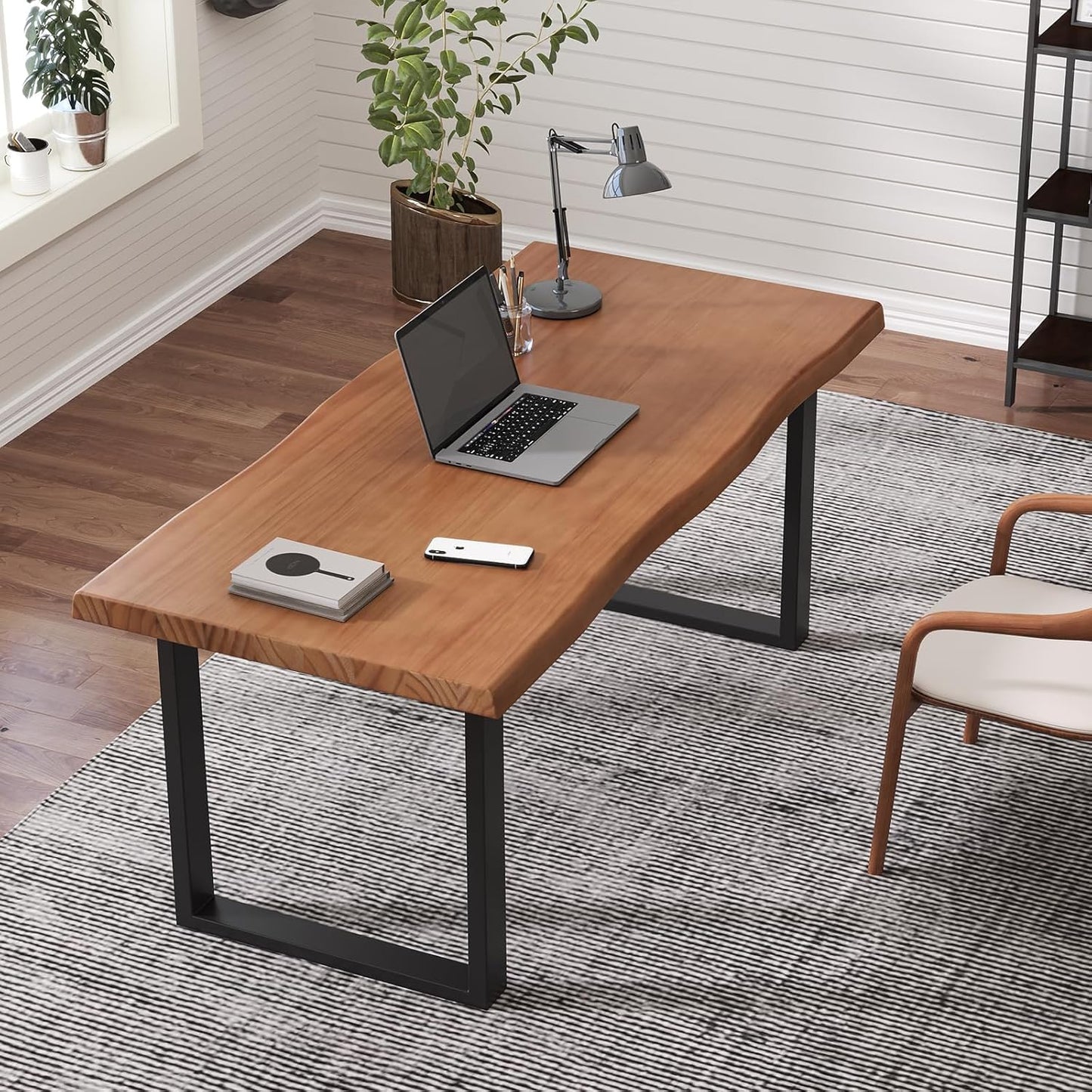 KunAndPeng Stylish Solid Wood Office Desk with Sturdy Metal Base - Durable Executive Computer Desk or Dining Table in Multiple Sizes - Perfect for Home Office and Work Environments (Tan62.99in)