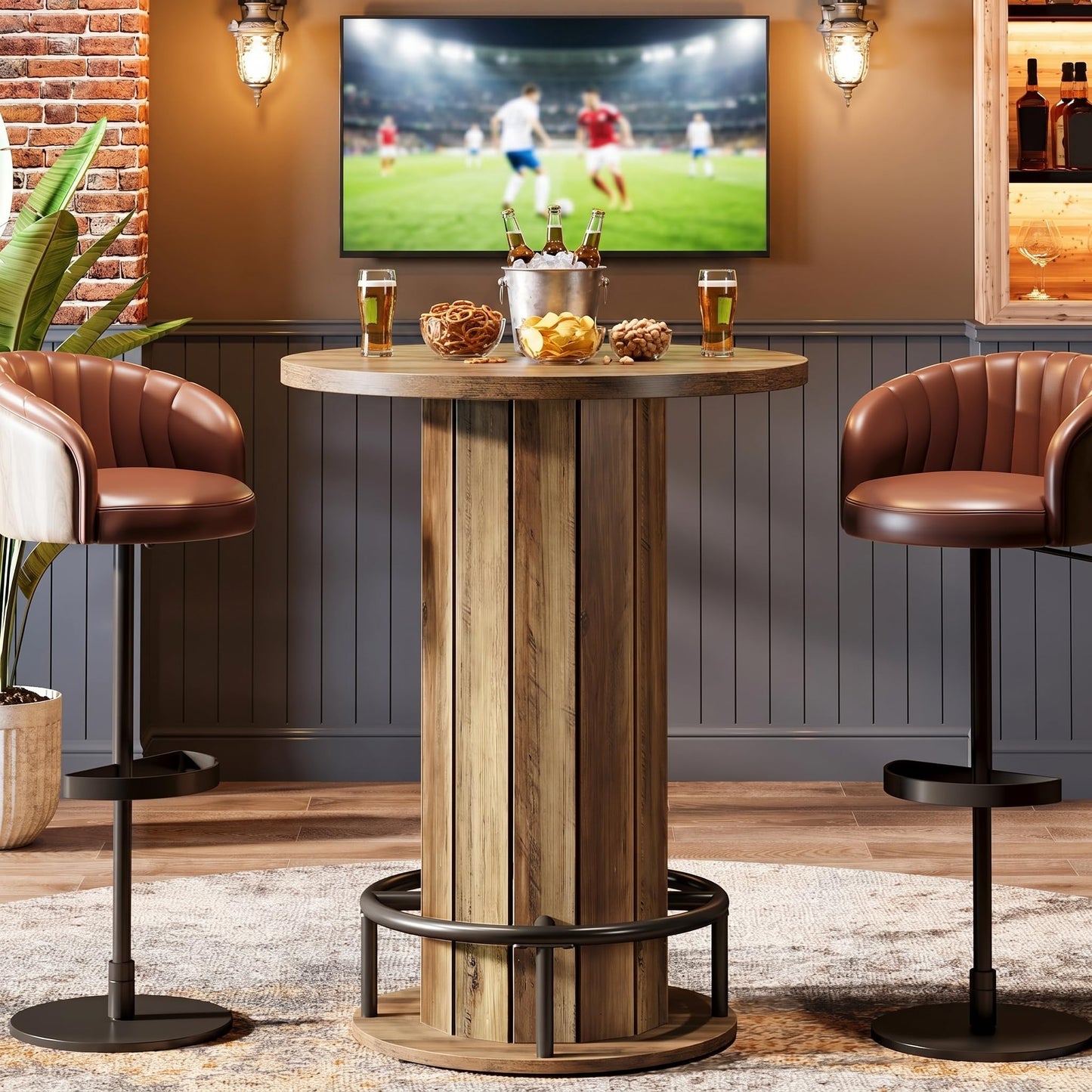 Tribesigns Round Bar Table, 39.4" H Wood Bistro Pub Table with Metal Ring Footrest for Dining Coffee Cocktail Living Room, Small Space, Brown(Only Table)