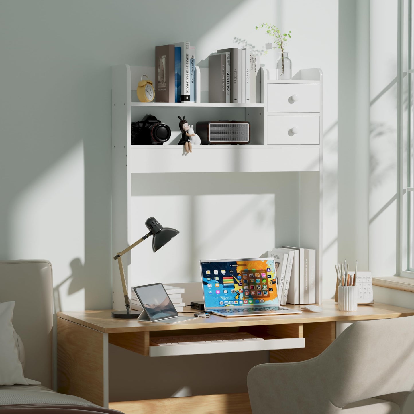 YGYQZ 2 Tier Desktop Bookshelf, Countertop Storage Hutch for Computer Desk, Desk Organizer Shelf with Vertical Storage, Multi-Functional Wood Desk Hutch for Home Office & Dorm, White