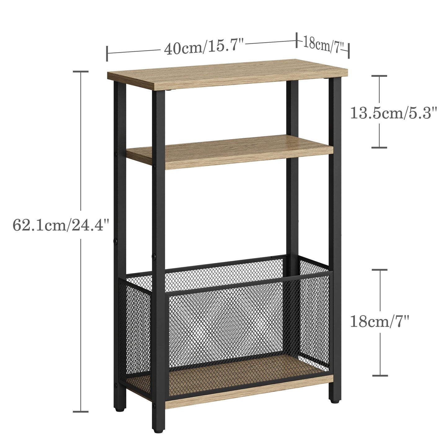 MMEOLUOOK Narrow Side Table with Storage Basket Skinny End Tables for Smalls Spaces 3 Tier Sofa Table Small Nightstand Slim Bedside Table for Living Room Bedroom Greige MLBZ22GR