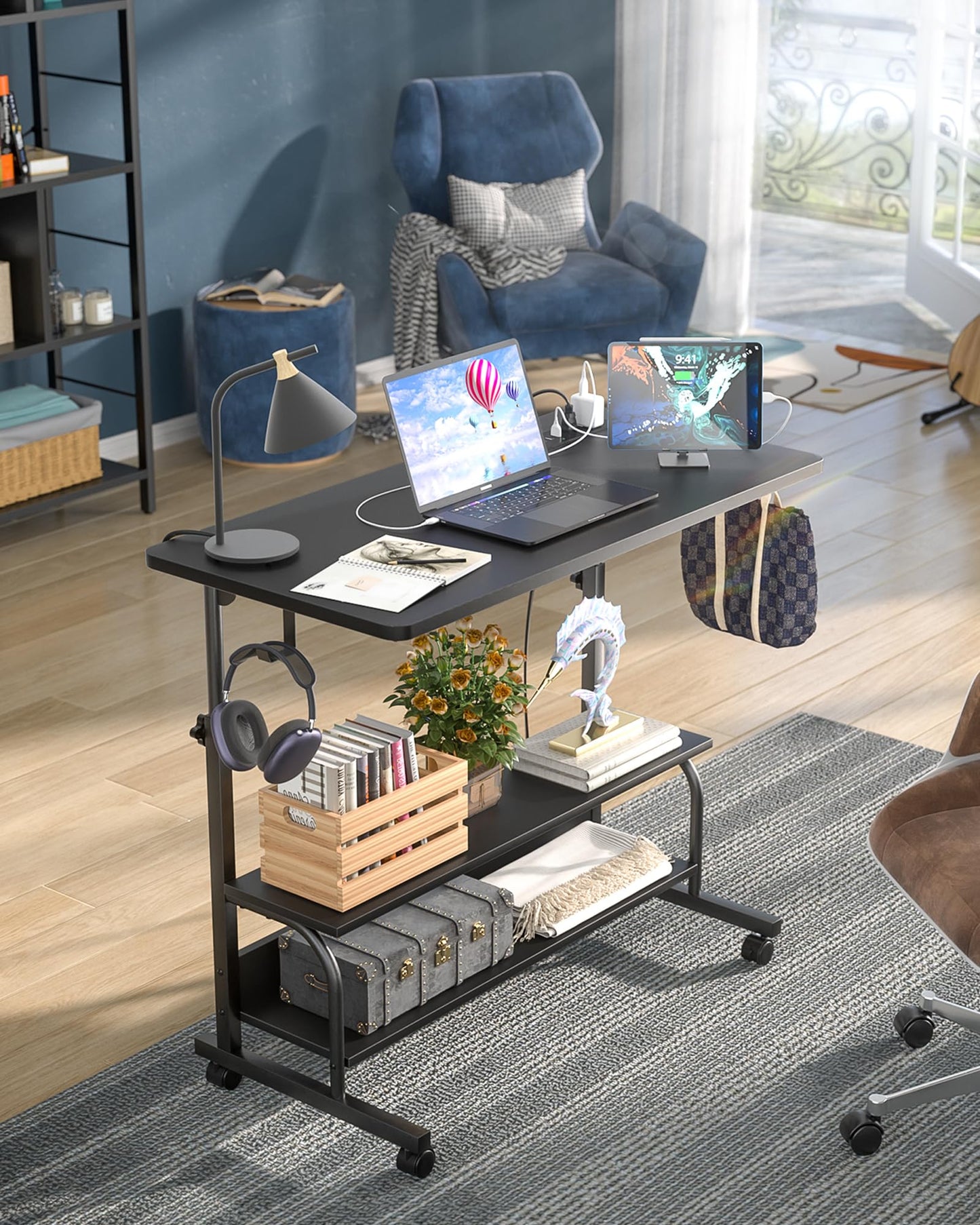 Armocity Rolling Standing Desk with Charging Station, Portable Height Adjustable Mobile Computer Desk with Wheels & 2-Tier Shelves & Hooks, Easy Assembly Laptop Table for Couch Bed, 32" Black