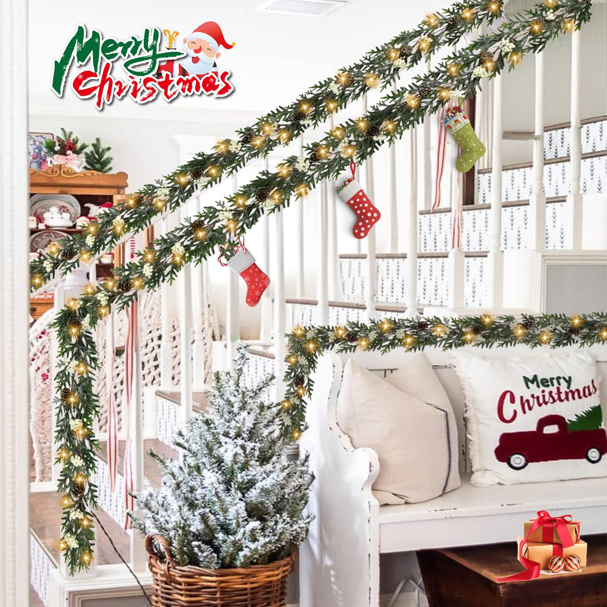 6FT Christmas Garland with Lights, Christmas Decorations Indoor Outdoor Pre-lit Artificial Pine Garland with Battery Operated Timer, Home Holiday Decor Flocked Garland for Mantel Window Stairs Wall