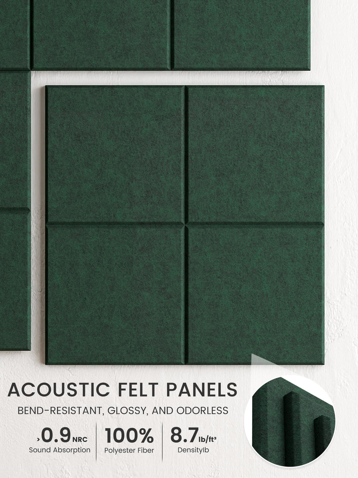 Bumusty Large Felt Bulletin Board, 48" x 36" Cork Board Alternative, 12-Pack Wall Tiles with 4-Compartment Design, 30 Push Pins, 70 Adhesive Tabs, Ideal for Office & Home Decor, Pine Green