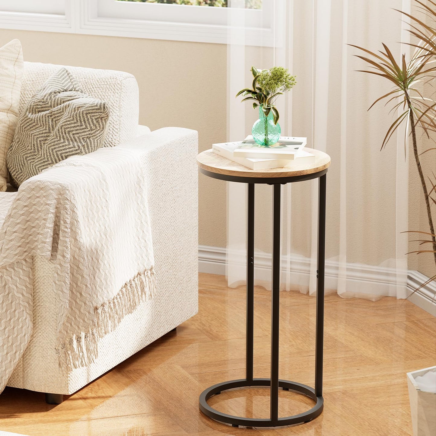 Katrawu C Shaped end Table, Round Side Table for Couch, Small Snack Sofa Table with Metal Frame for TV Tray, Bedroom, Living Room, Bedside (Oak)