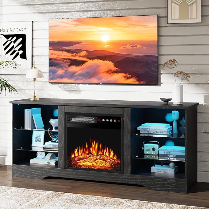 PRETZI Fireplace TV Stand with 18" Fireplace Up to 65" TVs, TV Media Console
