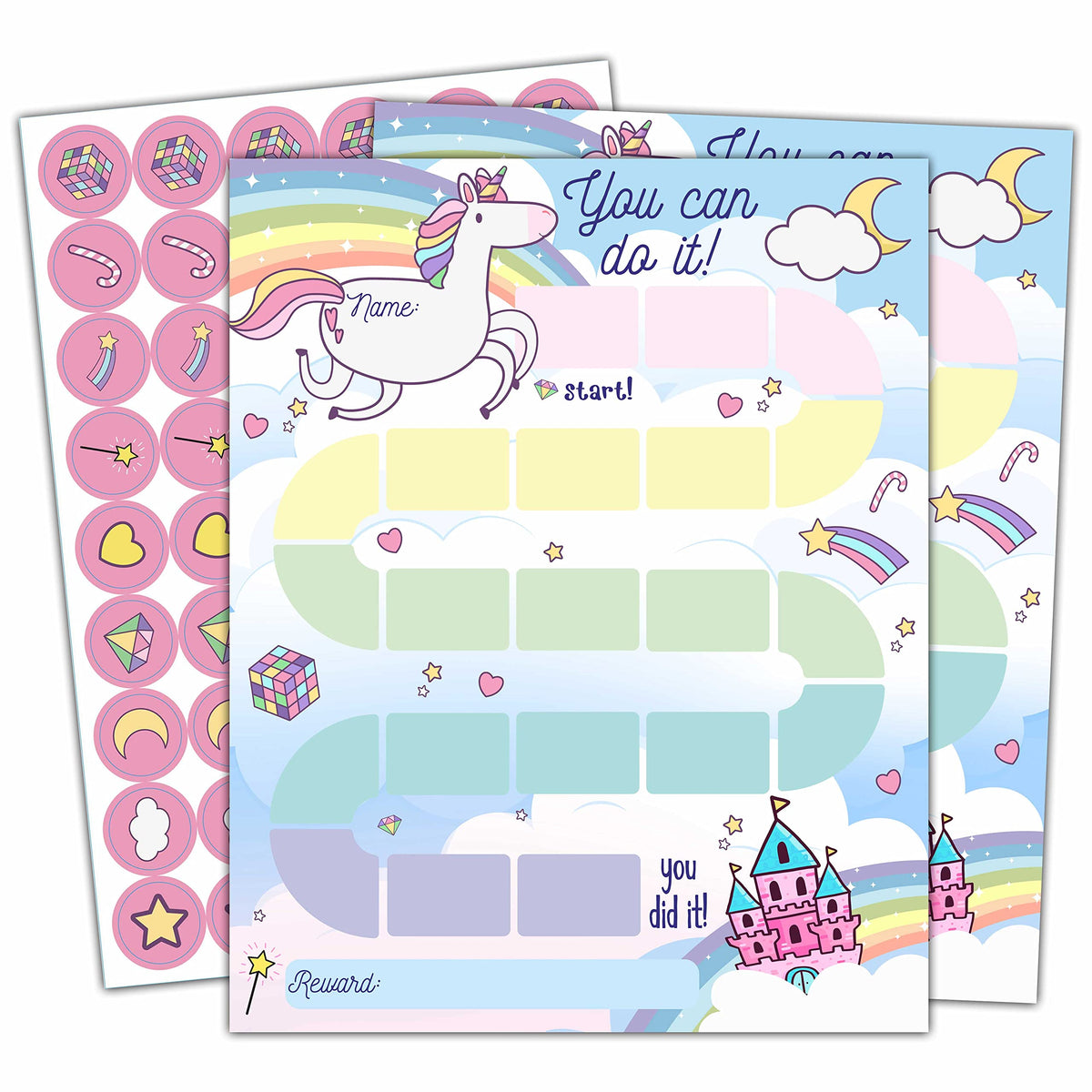20 Unicorn Reward Chart with 432 Round Stickers, Incentive Behavior Chart for Kids at Home Classroom, Kids Routine Daily Chore Sticker Chart-B01