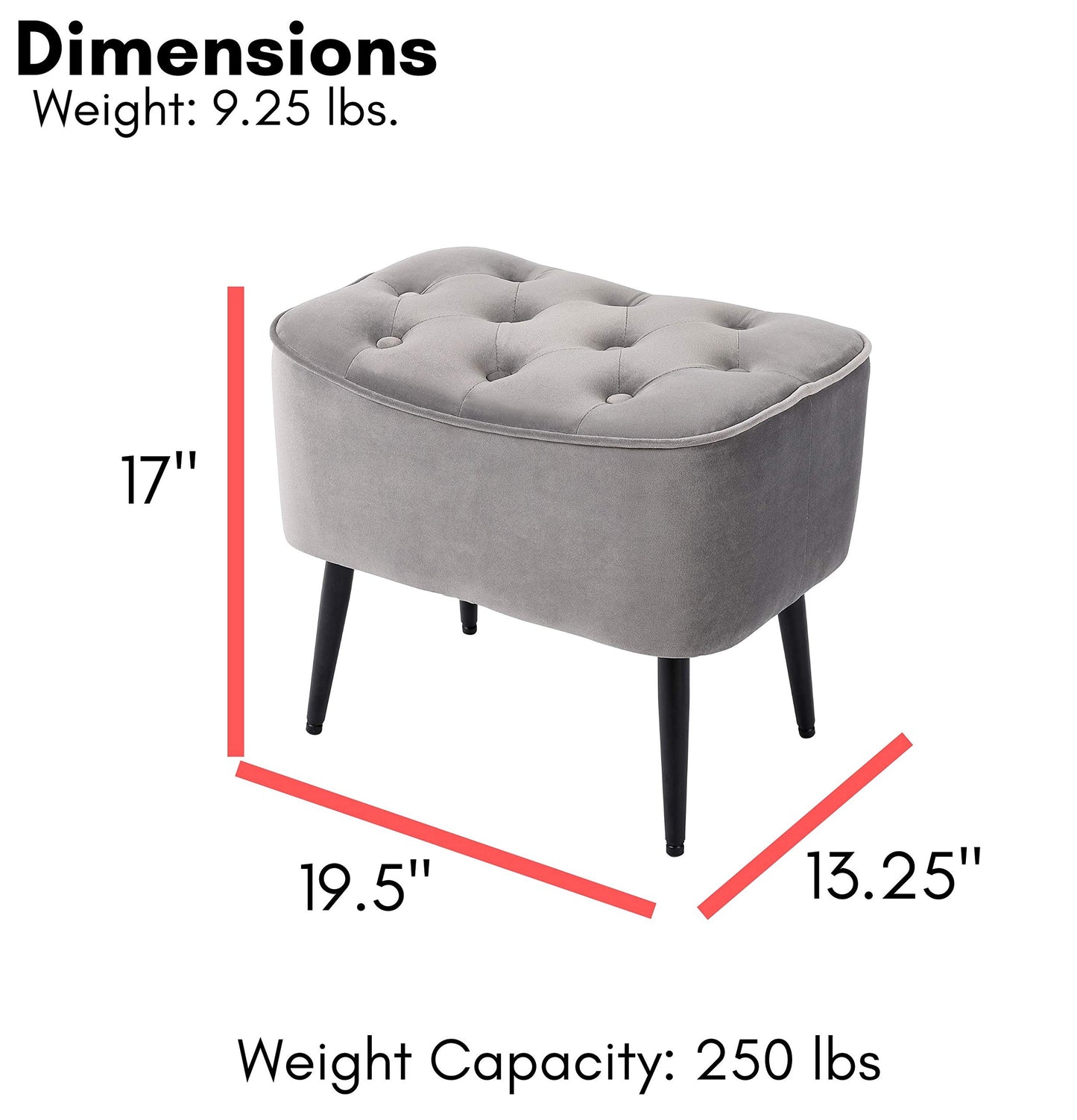 BIRDROCK HOME Tufted Curve Ottoman Velvet Foot Stool - Modern Upholstered Padded Footrest for Living Room or Bedroom - Small Cushioned Accent Chair for Couch, Sofa, or Large Seating (Grey)