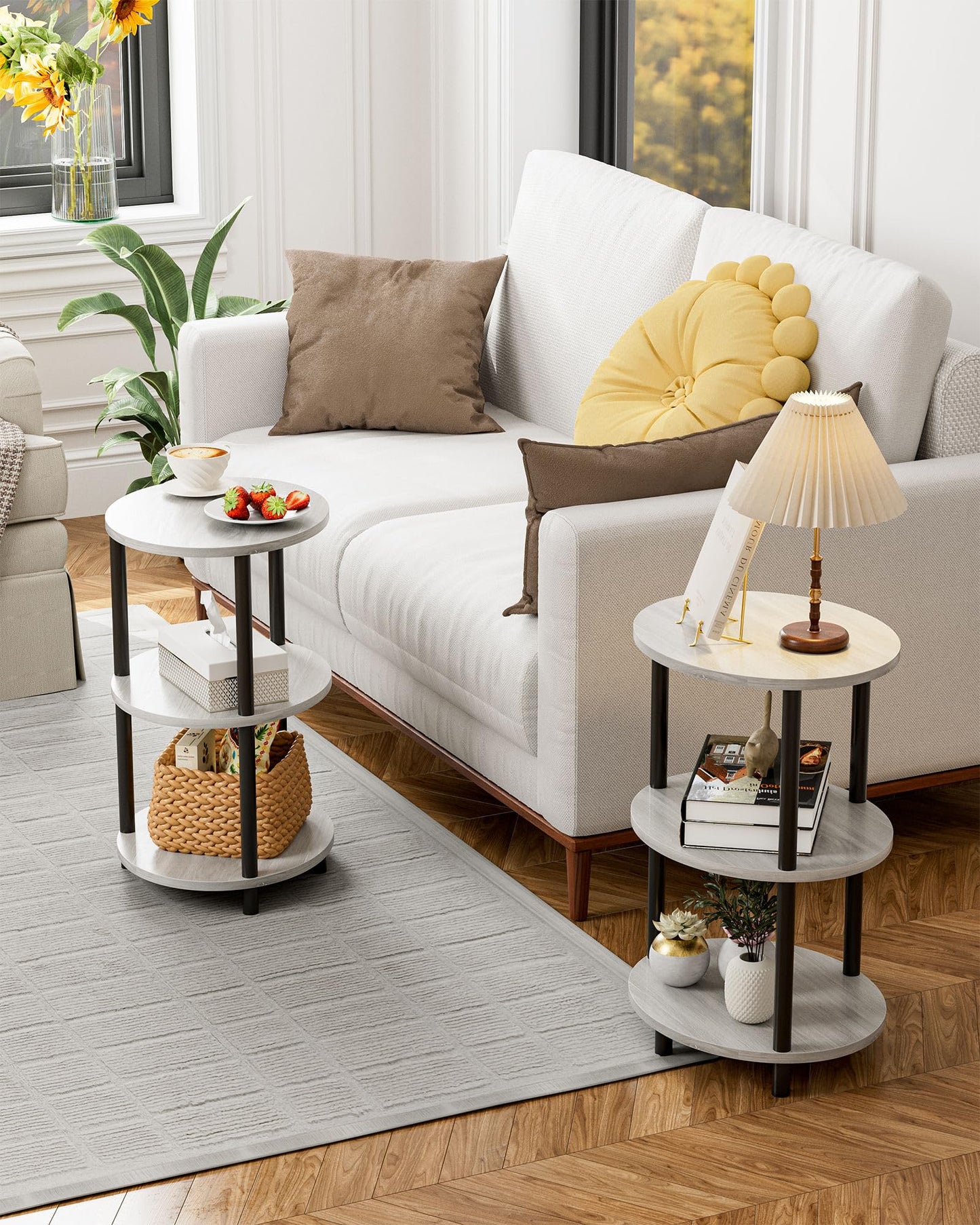 RISWER Round Pedestal End Table - 3-Tier Oval Accent Table for Small Spaces, Rustic Wood and Metal Couch Side Table, Nightstand for Bedroom or End Table Living Room, Easy to Assemble, Greige