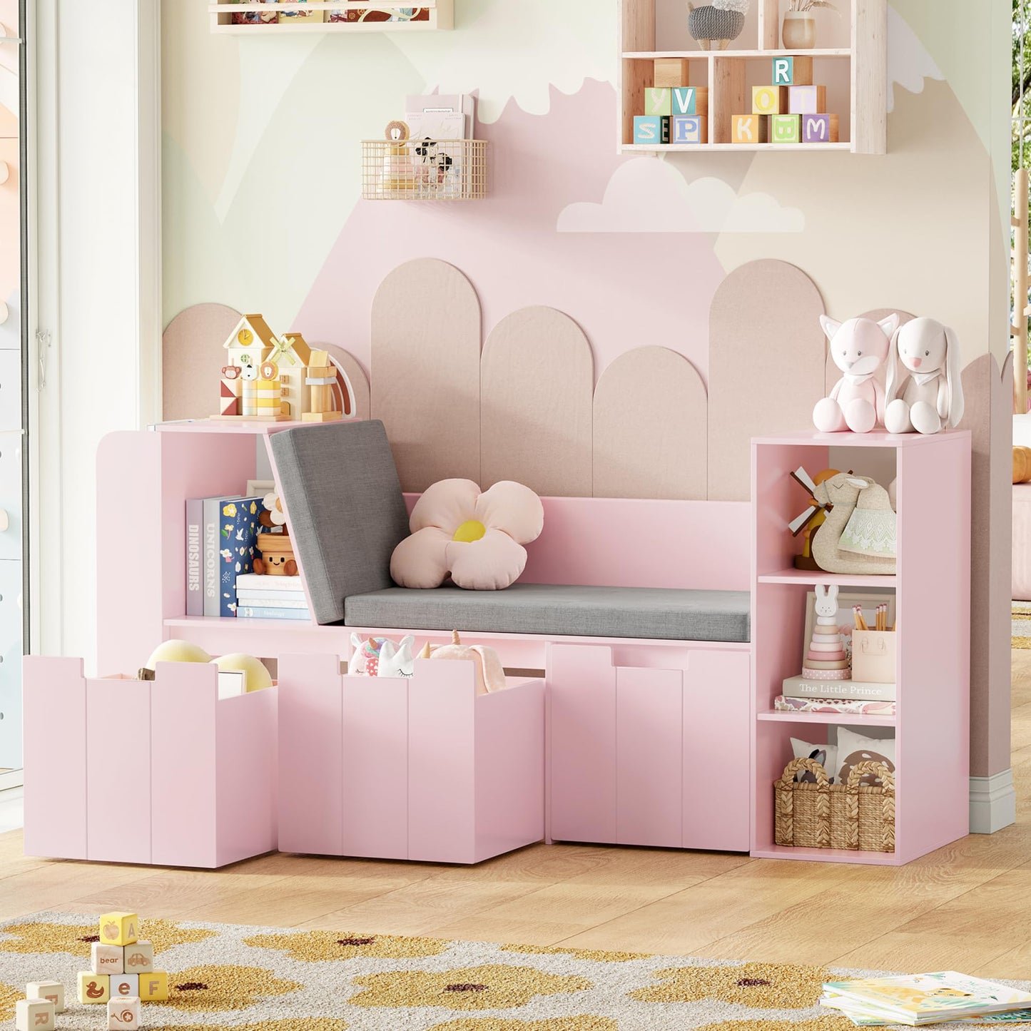 BOTLOG 61.5" Kids Reading Nook with 3-Layer Bookshelf, Reading Nook for Kids with Double Bench and Rolling Drawers, Bookshelf and Toy Storage for Nursery, Playroom, Pink