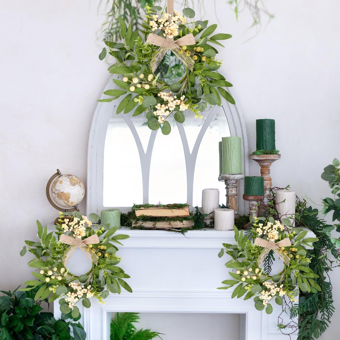 6 Pcs Green Eucalyptus Candle Rings Wreaths Spring Summer Kitchen Cabinet Wreaths Mini Green Berry Leaves Candle Wreath for Pillars Farmhouse Festival Wedding Celebrations Tabletop Decoration