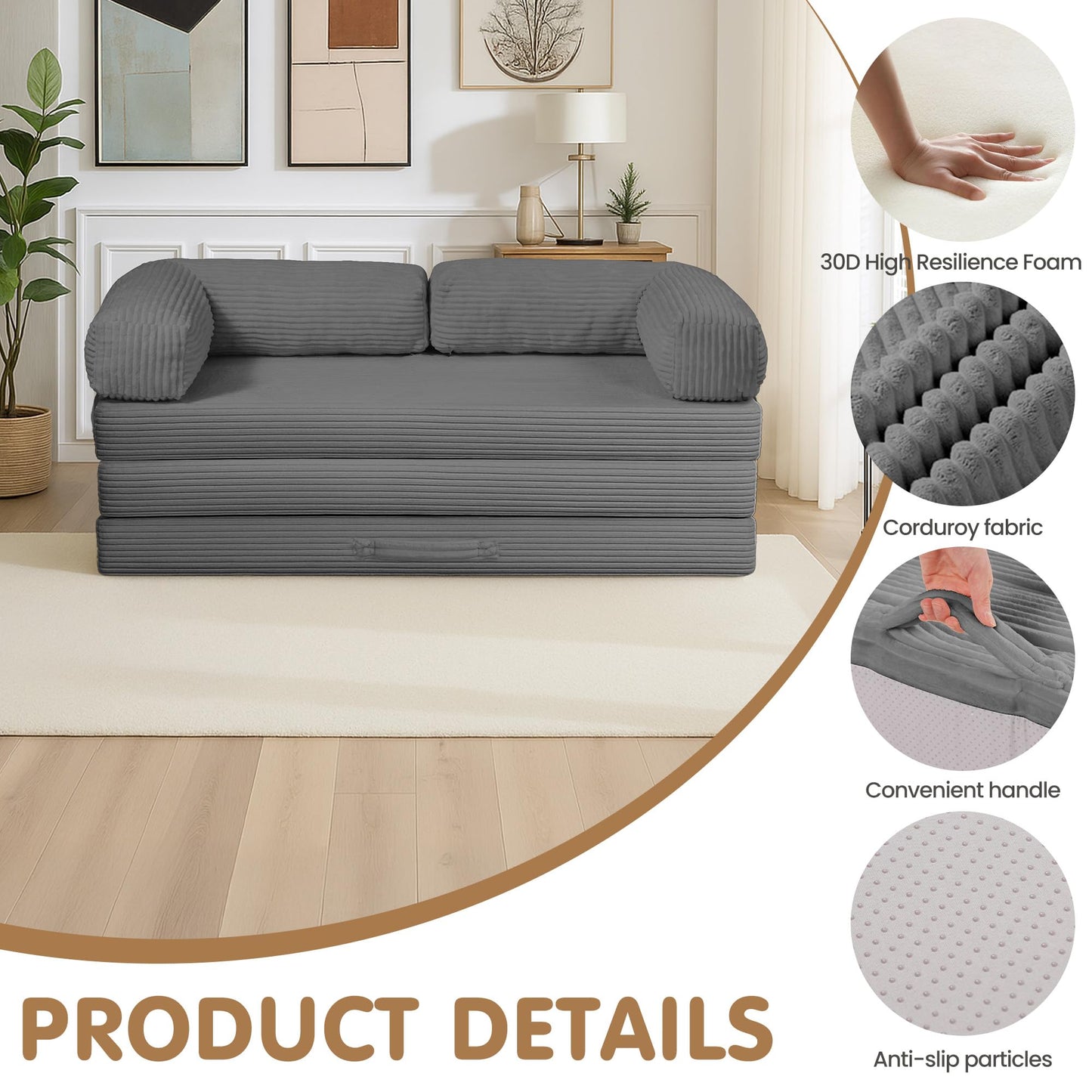 NLDD Convertible Sofa Bed Full,5-in-1 Folding Boneless Couch Corduroy Futon Sofa Bed,Tri-Fold Mattress with Removable Armrests & Handle,Sleeper with Pull Out Bed for Small Space Bedroom Grey