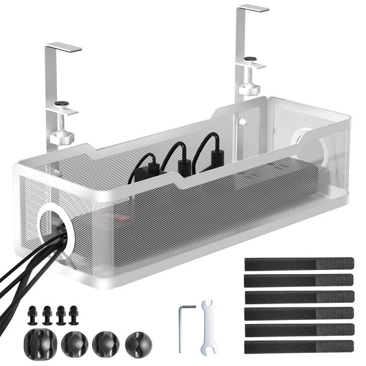 Under Desk Cable Management Tray White, Cinati Wire Organizers No Drill, Cable Tray with Clamp for Wire Management, Cord Organization Box for Office, Home - No Damage to Desk